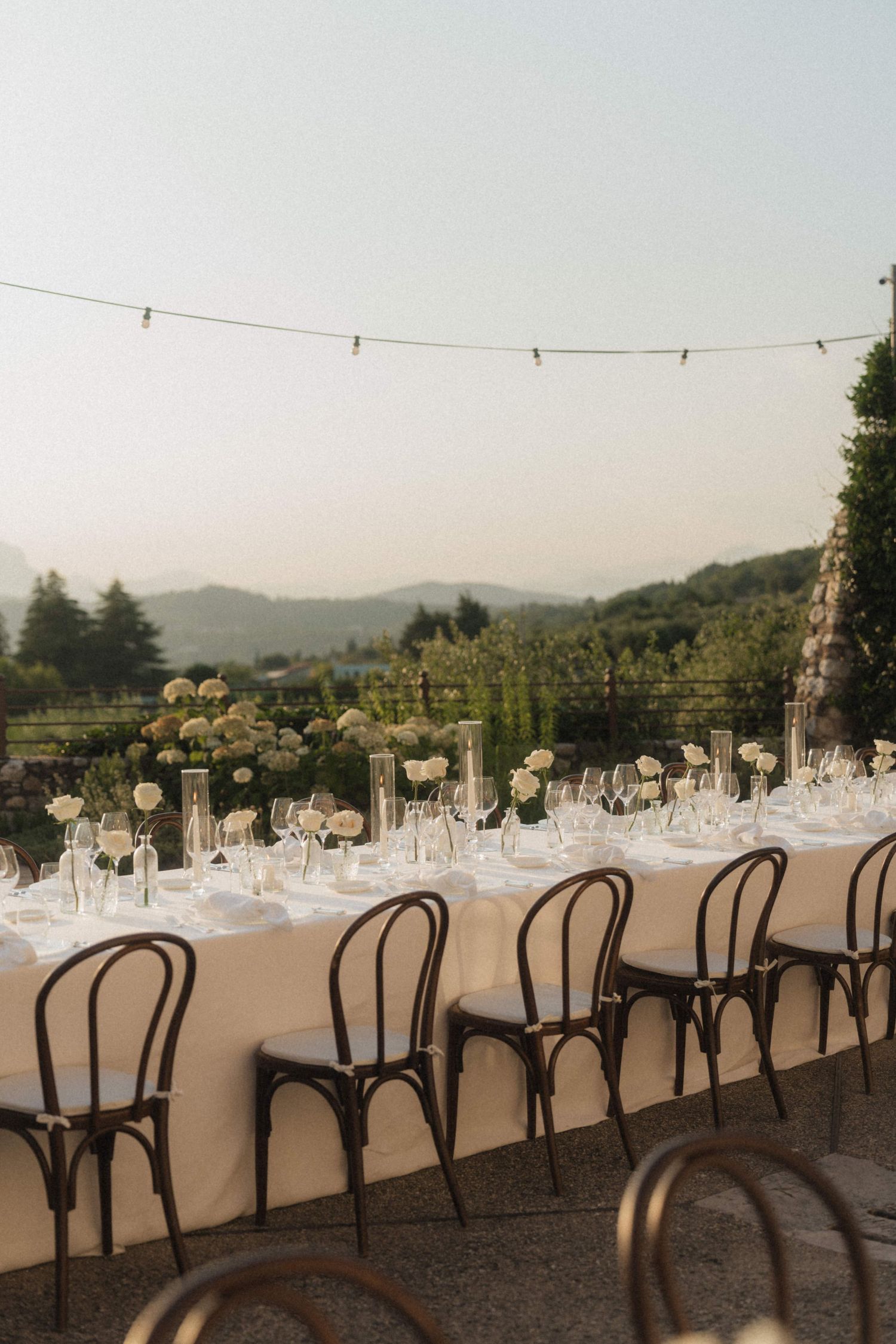 Long outdoor wedding reception table with white floral centerpieces and string lights overlooking a scenic vineyard.