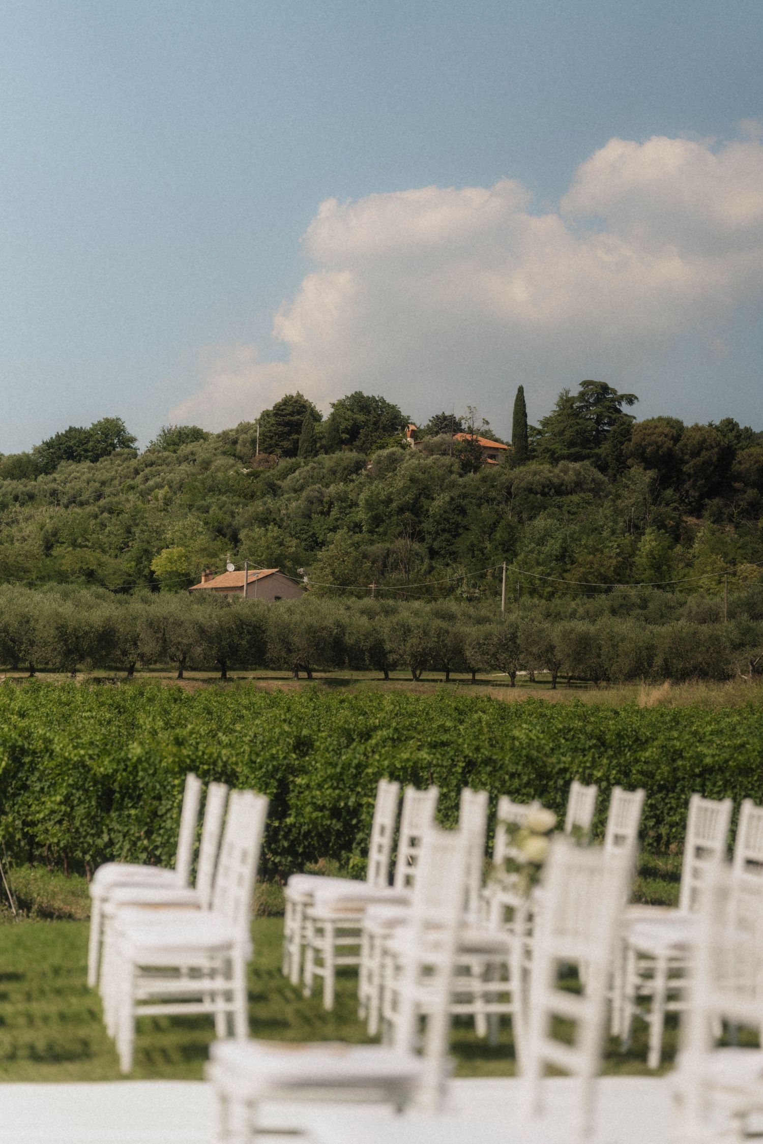 White chairs arranged in rows for an outdoor wedding ceremony with a lush vineyard and hilltop villa in Tuscany.
