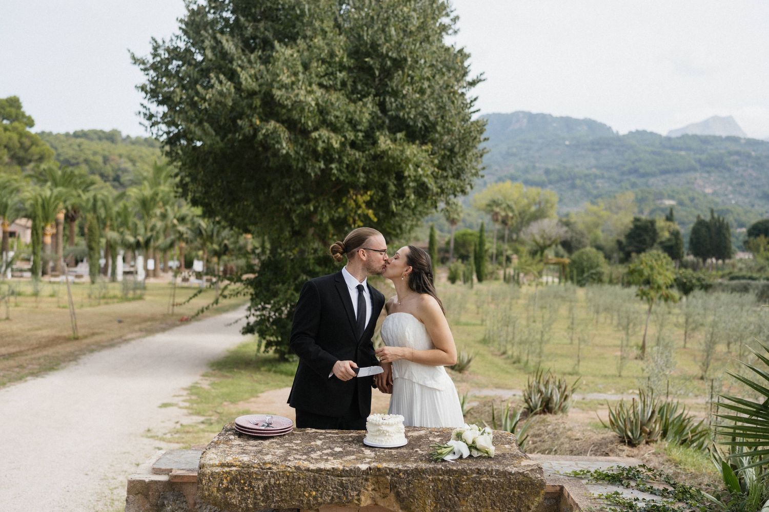 Newlywed couple share a kiss over their wedding cake on a stone table with a scenic olive grove and mountain backdrop.