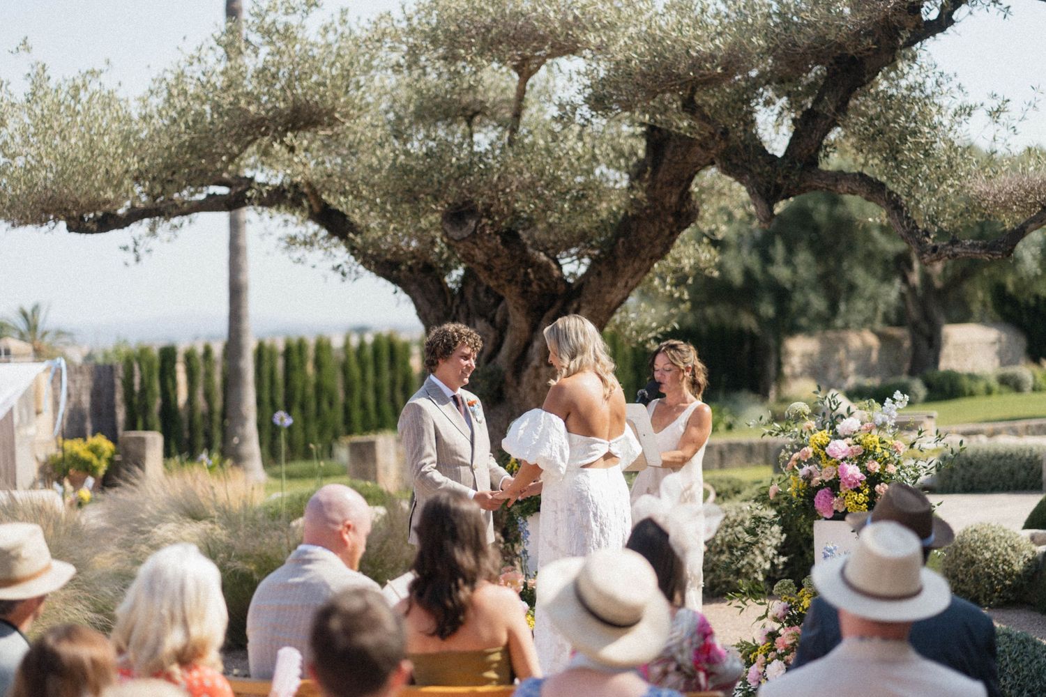 Outdoor wedding ceremony under an ancient olive tree with guests seated, bride and groom exchanging vows in sunny garden.