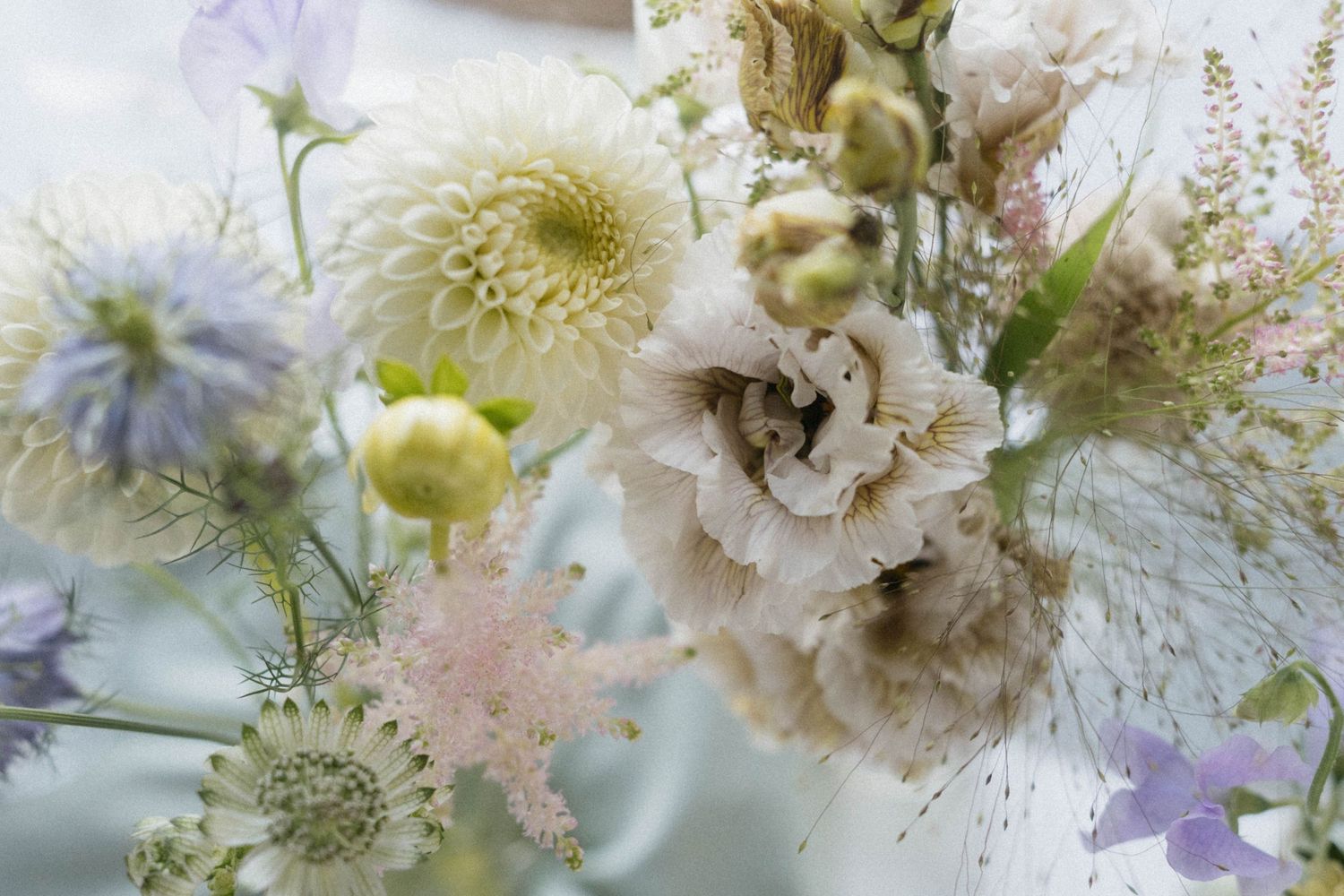 Delicate close-up of a wedding bouquet featuring ivory dahlias, lisianthus, blue nigella, and soft wildflowers.