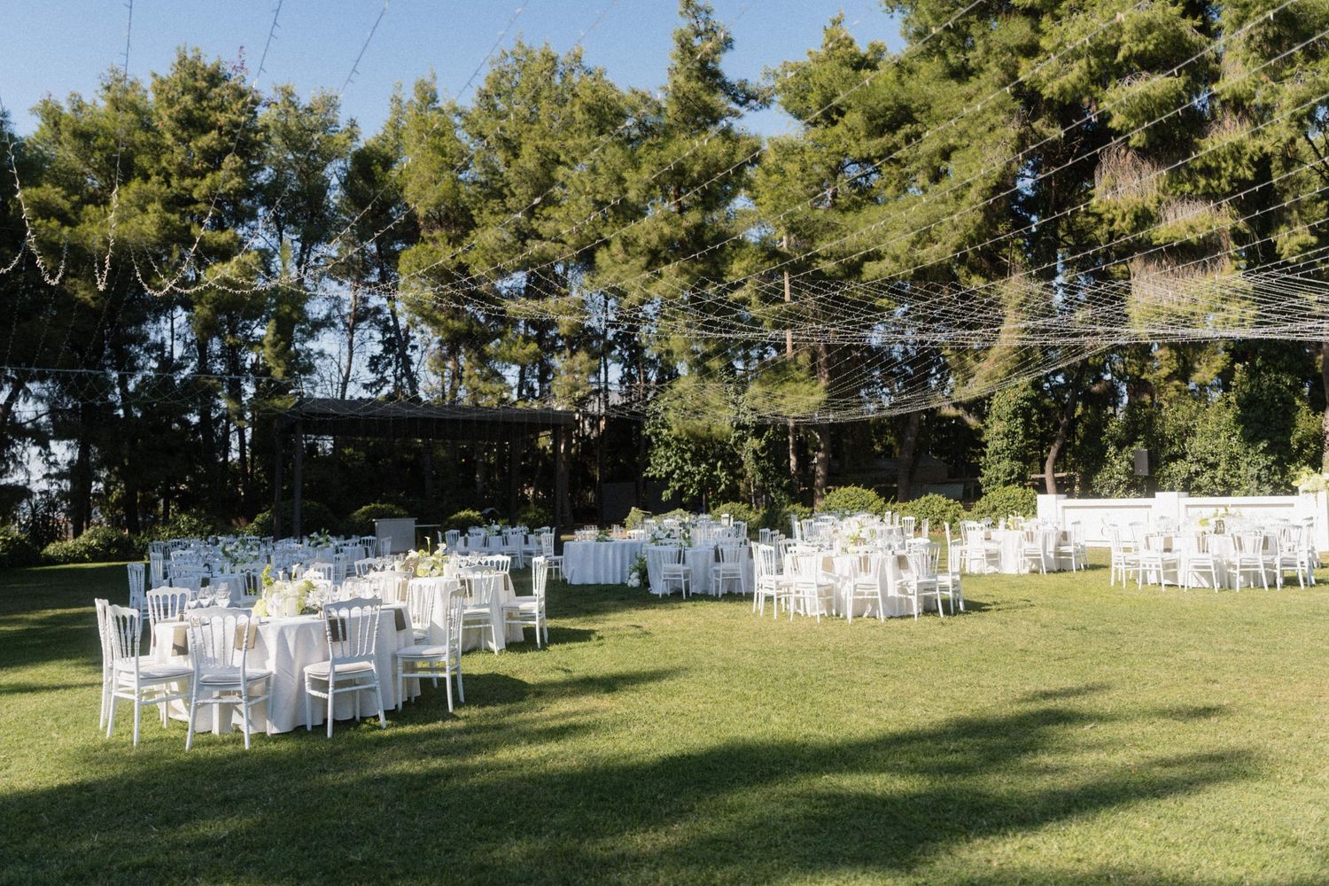 Outdoor wedding reception setup with white chairs and round tables on green lawn surrounded by tall pine trees.