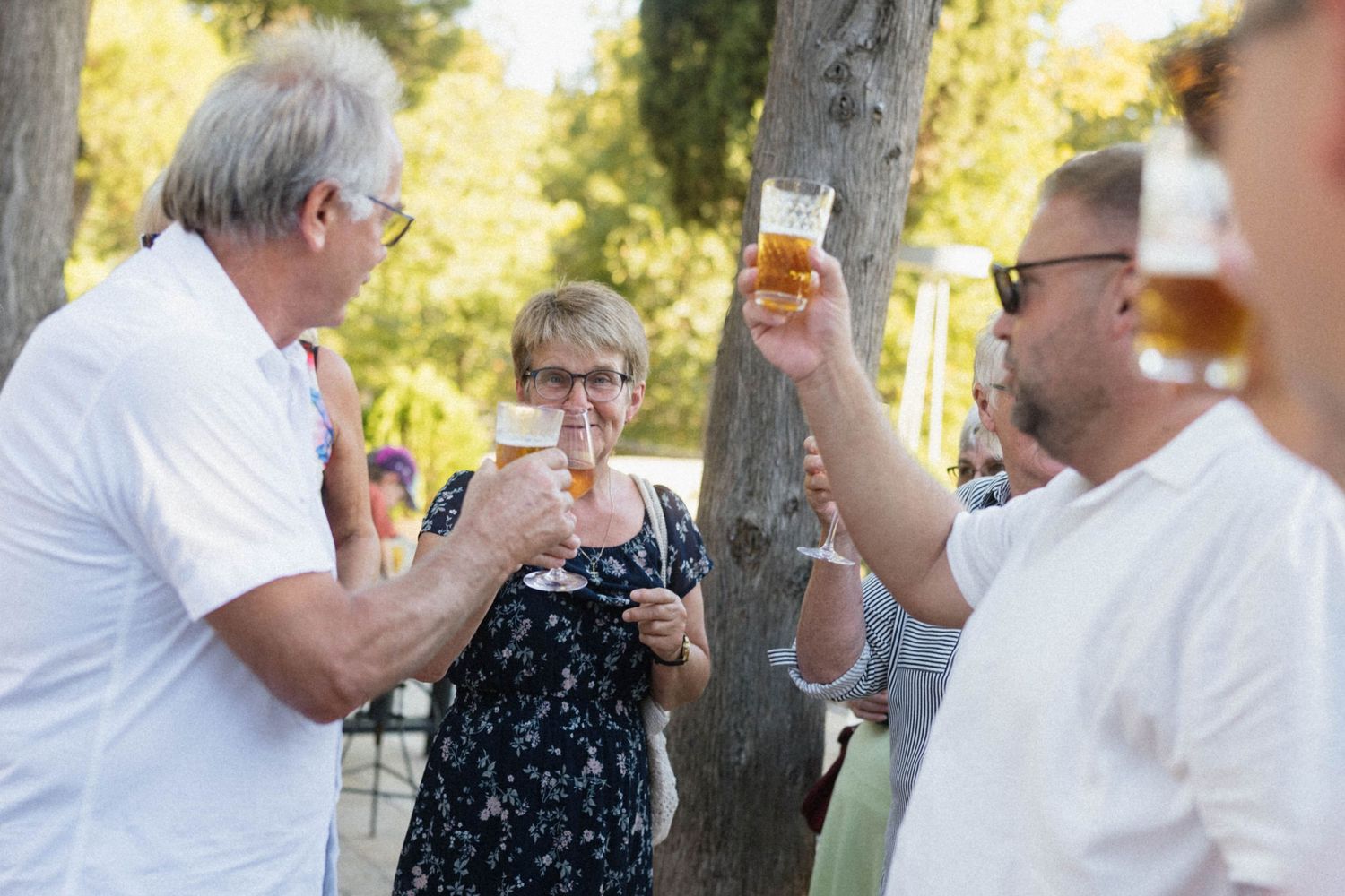 Group of adults toasting with beer glasses outdoors at a sunny social gathering near trees.