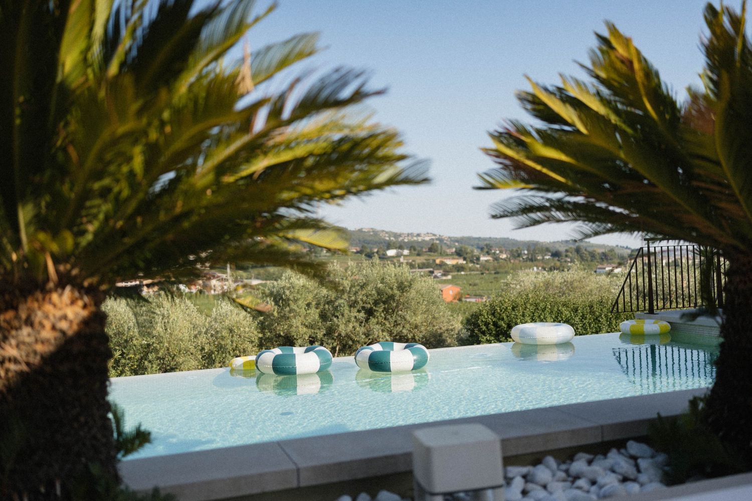Luxury infinity pool with palm trees and scenic countryside views, featuring floating pool toys on a sunny day.