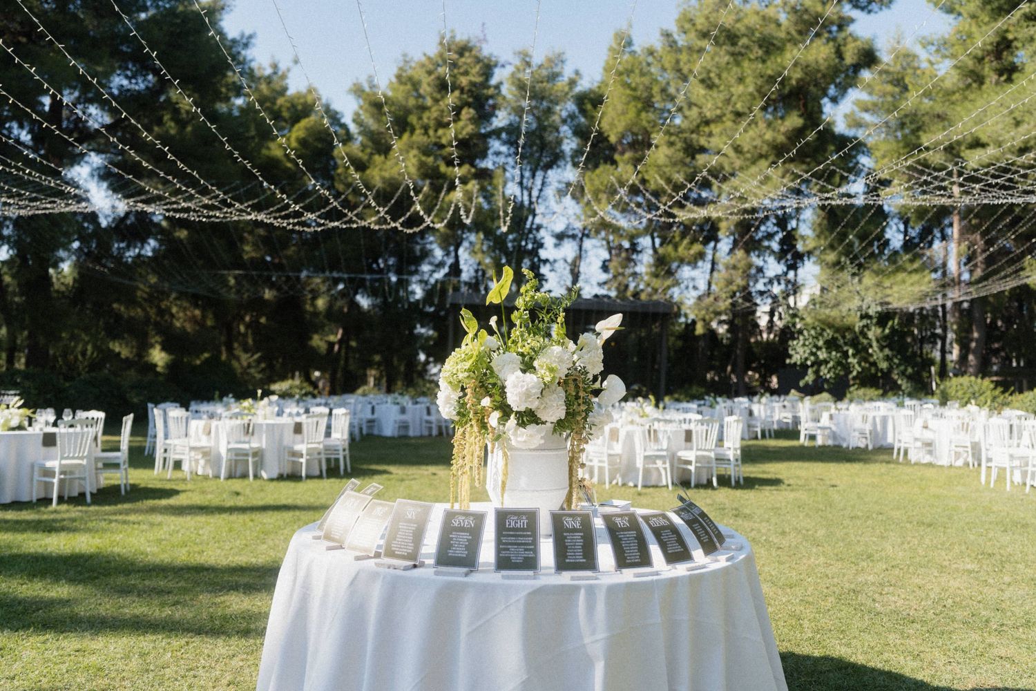 Elegant outdoor wedding reception setup with white tables, floral centerpiece, and string lights among lush green trees.