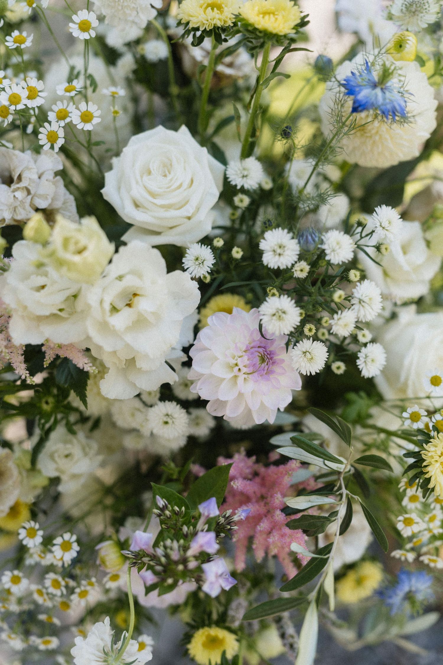 Lush wedding bouquet featuring white roses, daisies, pink dahlias, and blue wildflowers in a soft pastel arrangement.