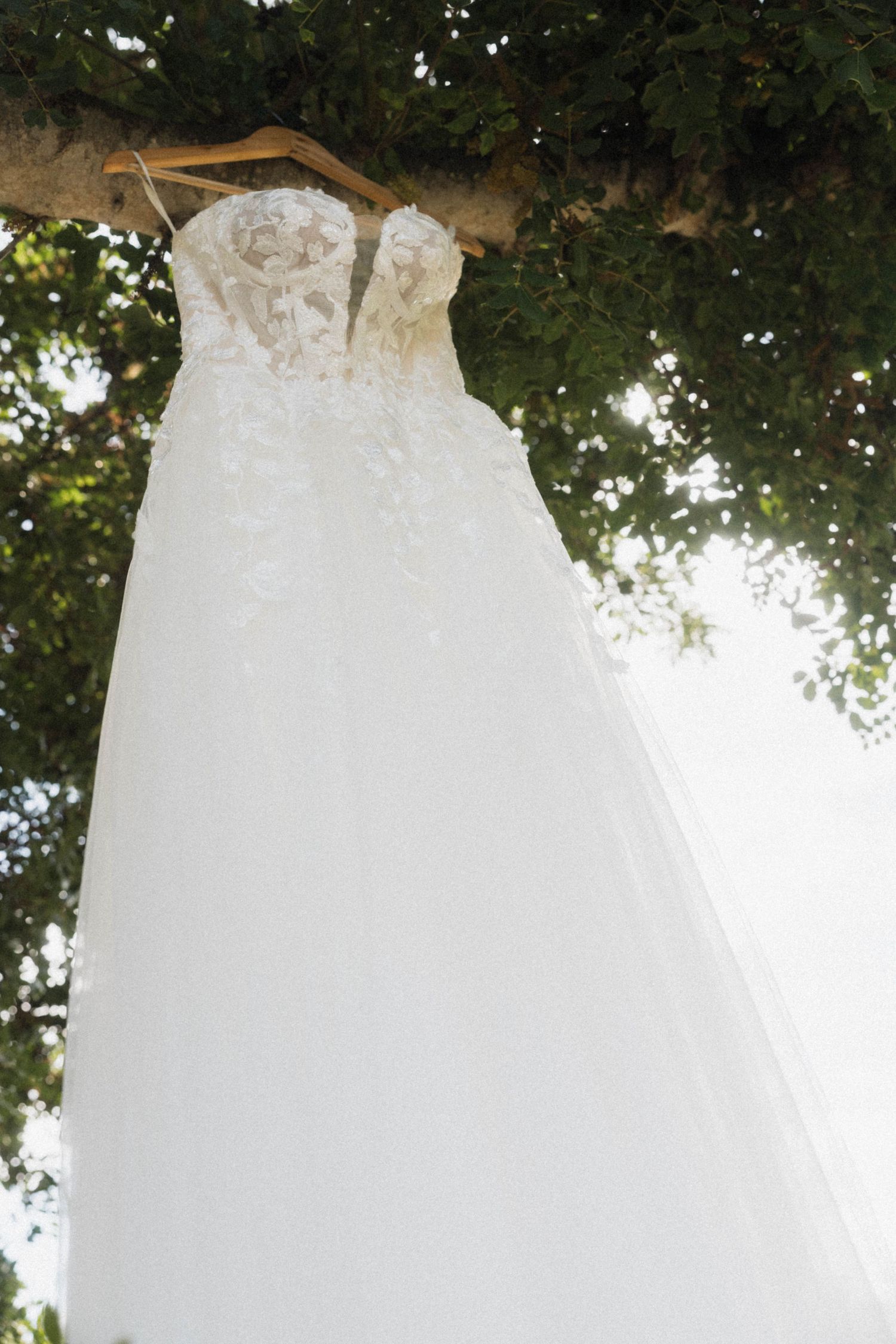 White lace strapless wedding dress hanging on wooden hanger from tree branch against bright sky.
