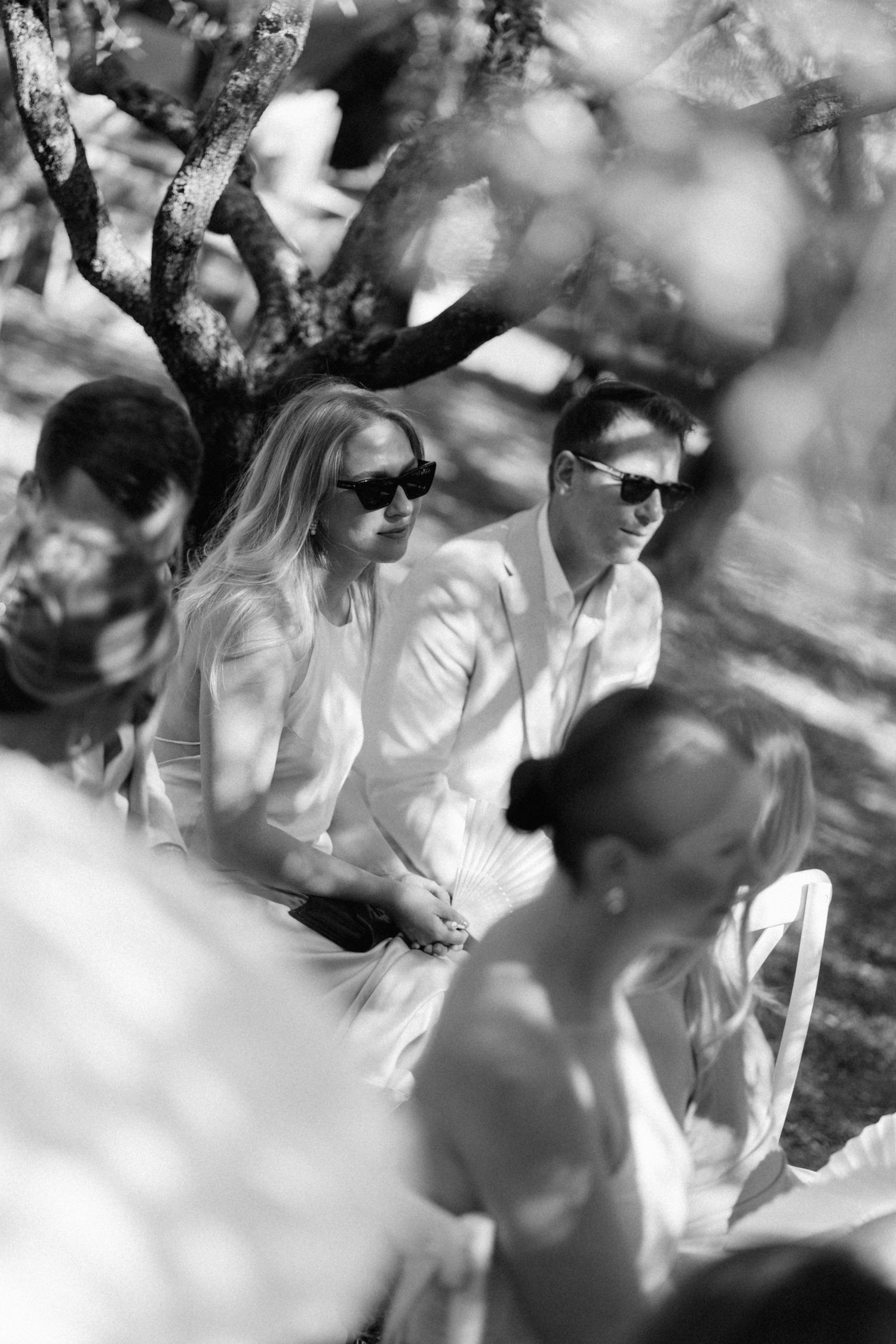 Black and white photo of wedding guests in sunglasses seated under olive trees during ceremony.