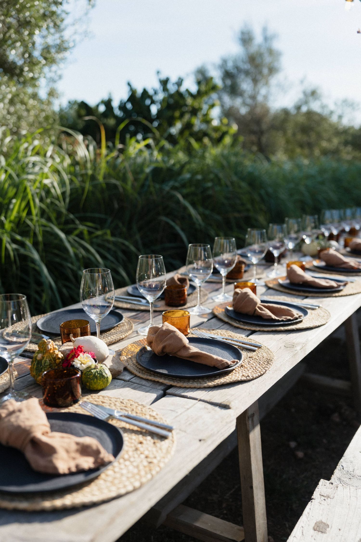 Long rustic outdoor dining table set with woven placemats, dark plates, wine glasses and napkins in a sunny garden.
