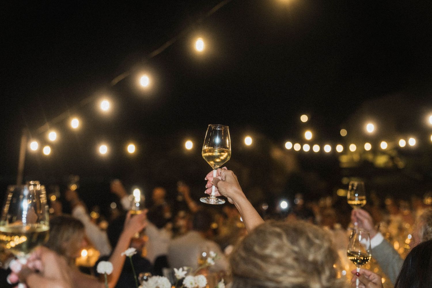 Wedding guests raising wine glasses in a celebratory toast under glowing string lights at a nighttime reception.