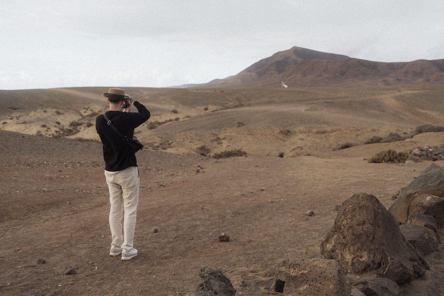 Person standing on volcanic desert landscape using binoculars to observe barren hills under overcast sky.