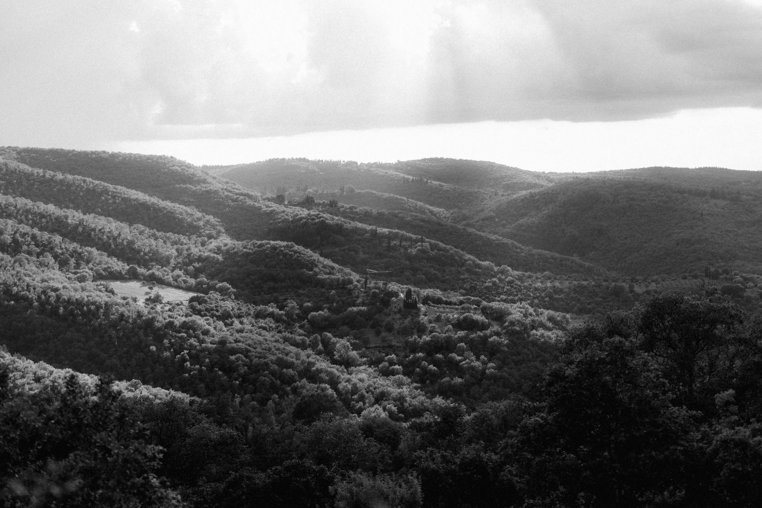 Black and white landscape photo of rolling forested hills under a dramatic cloudy sky in the countryside.