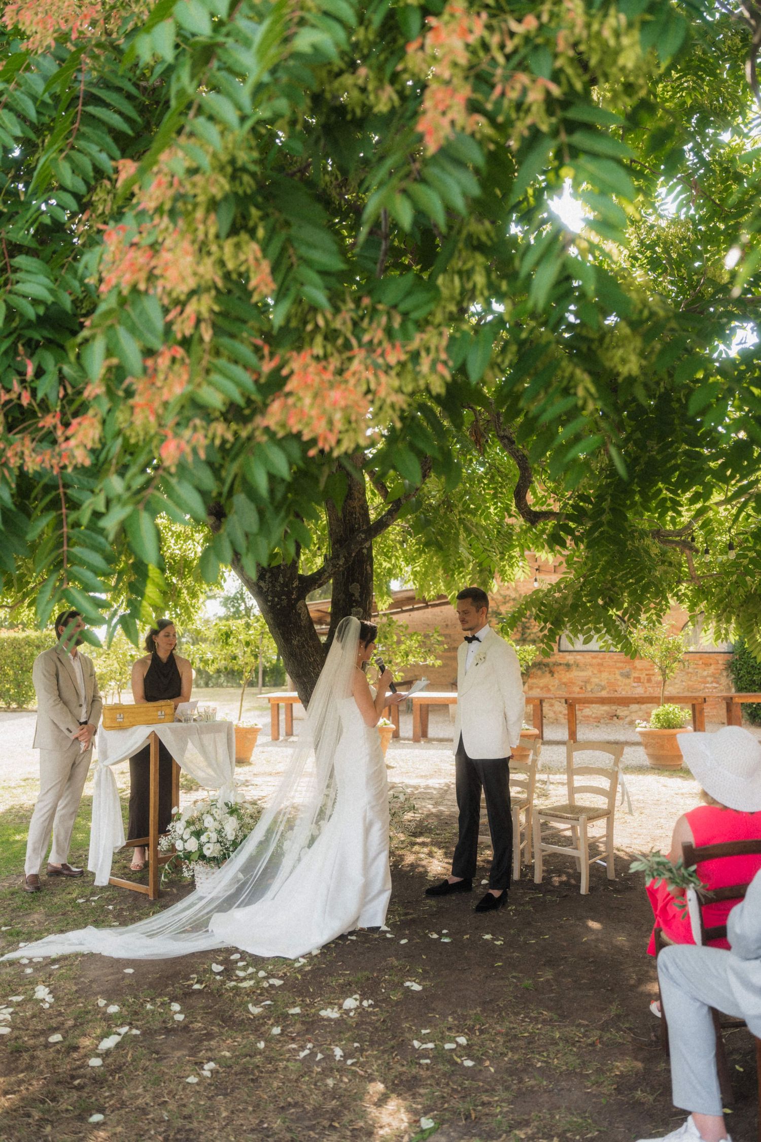 Outdoor wedding ceremony under a large tree with bride in white gown and groom in black tuxedo.