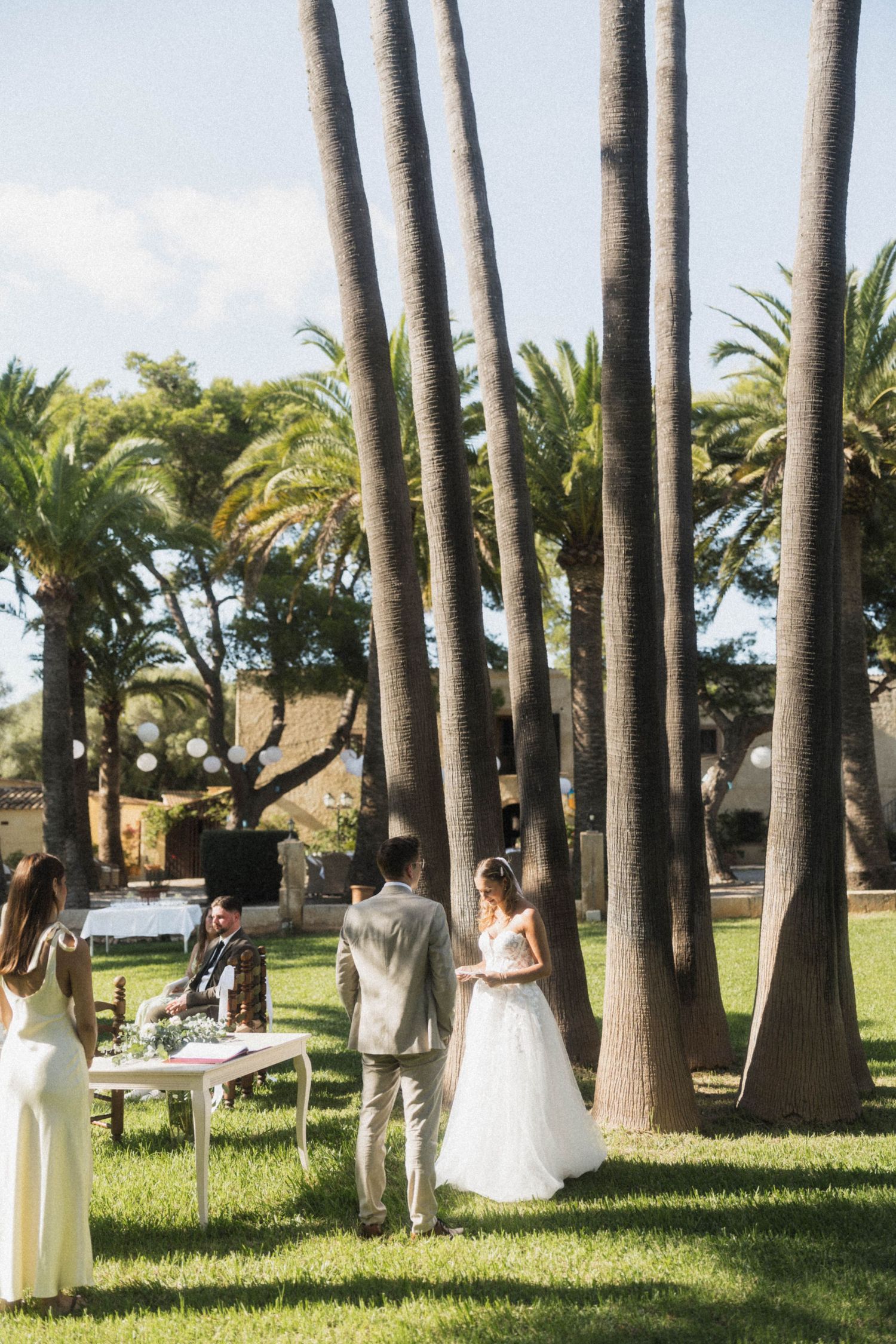 Bride and groom exchange vows beneath tall palm trees at outdoor wedding ceremony.