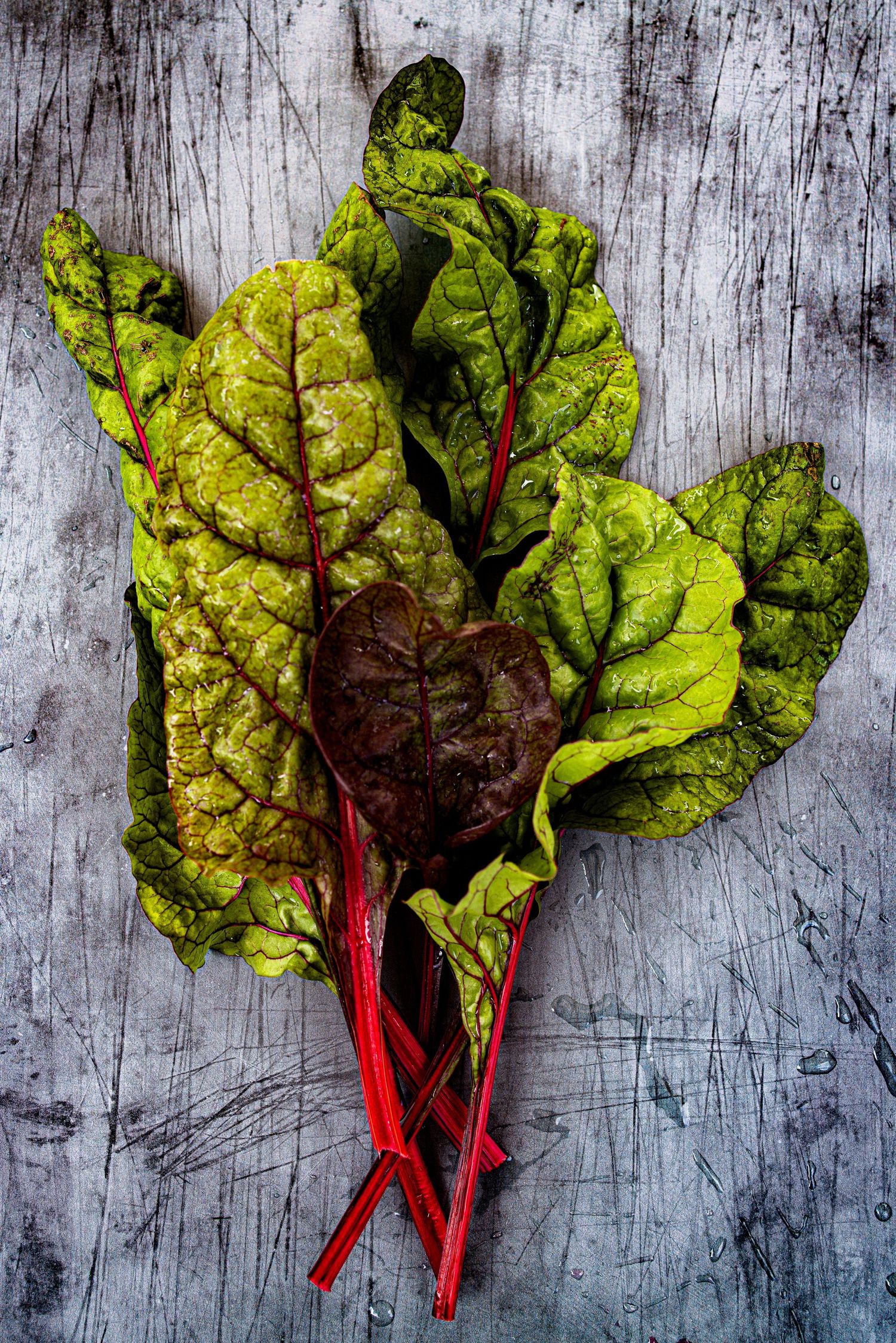 Fresh red chard leaves with vibrant crimson stems arranged on a rustic gray wooden surface.