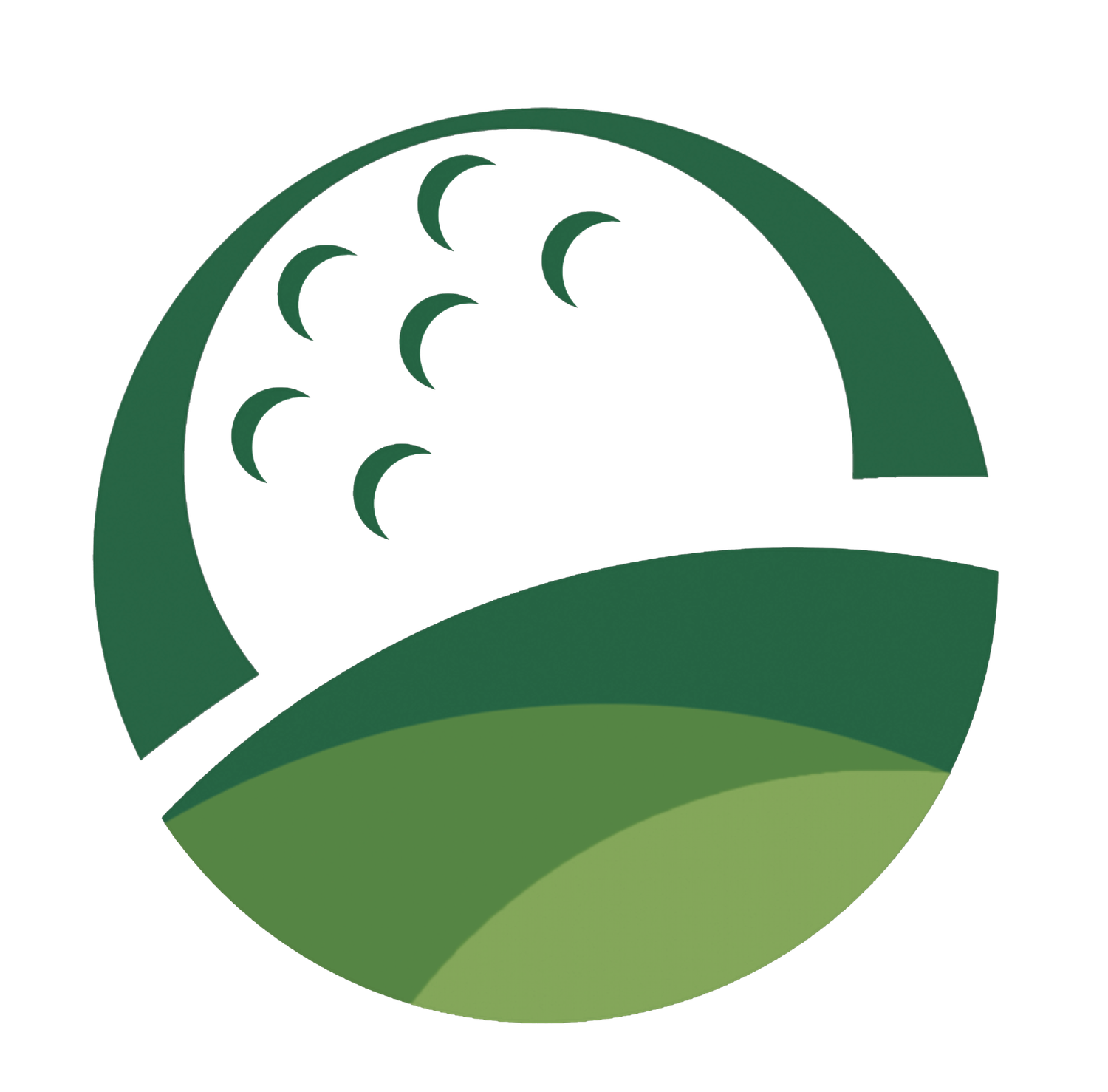 Green circular golf logo featuring a white golf ball above rolling green fairway hills.