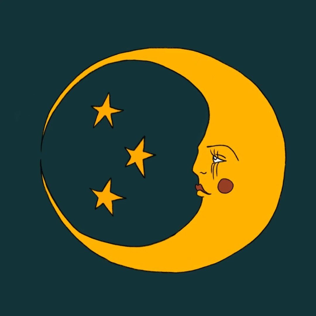 Illustrated golden crescent moon with a serene face and stars on a dark teal background.