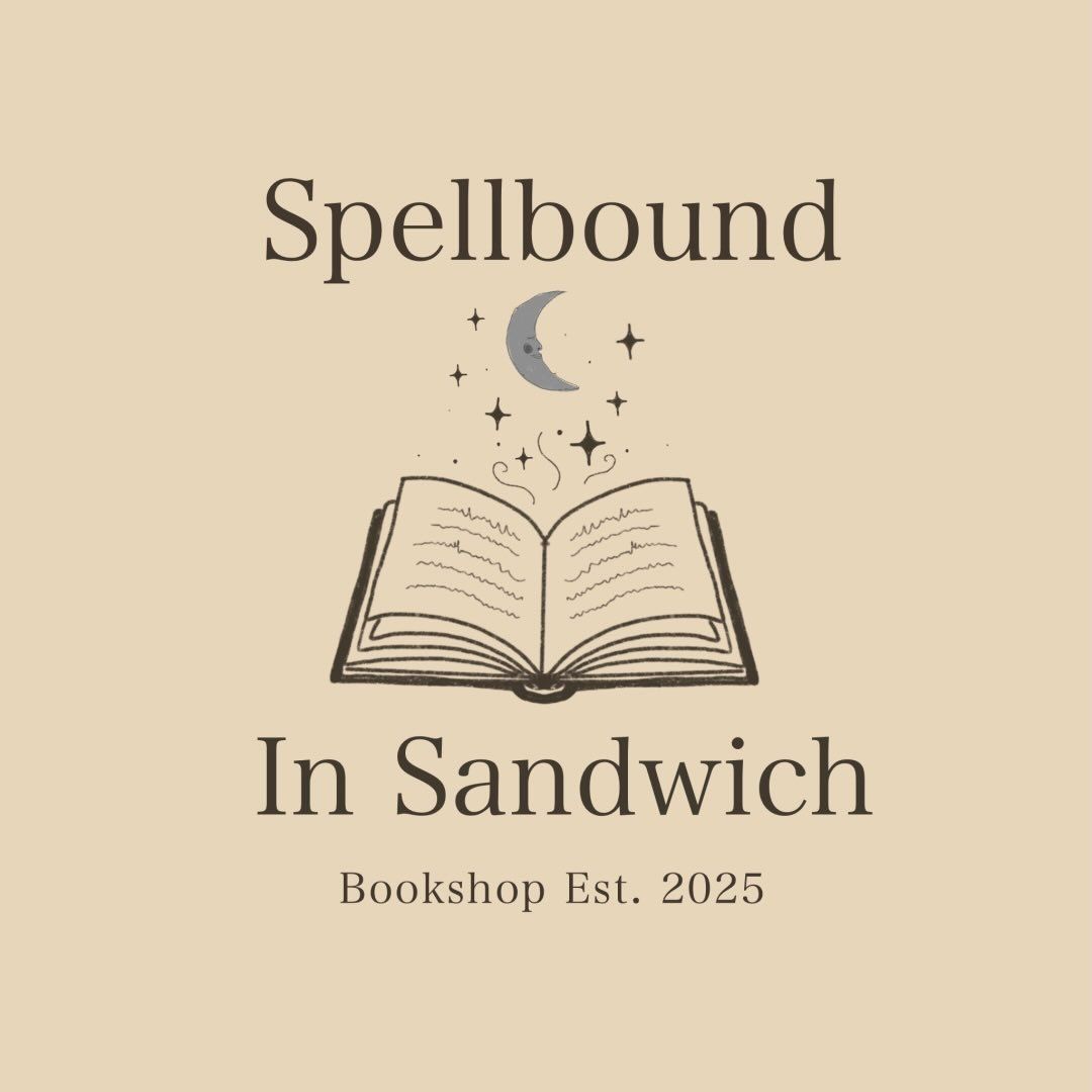 Spellbound In Sandwich bookshop logo with open book, crescent moon, and stars on a beige background, est. 2025.