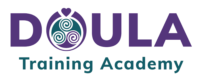 Doula Training Academy logo featuring purple text and a teal triple spiral symbol with a heart design.