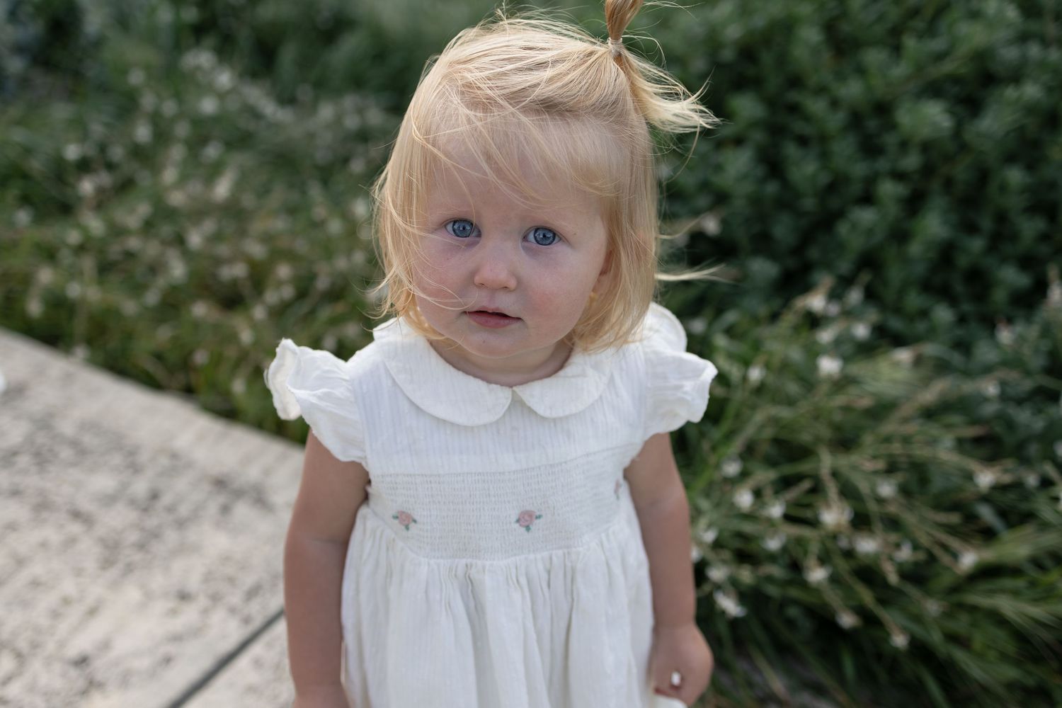 Blonde toddler girl in white smocked dress standing outdoors near green bushes, looking at camera. Cape Peron Perth