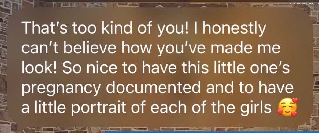 A heartfelt text message expressing gratitude for pregnancy and portrait photography documentation of girls.