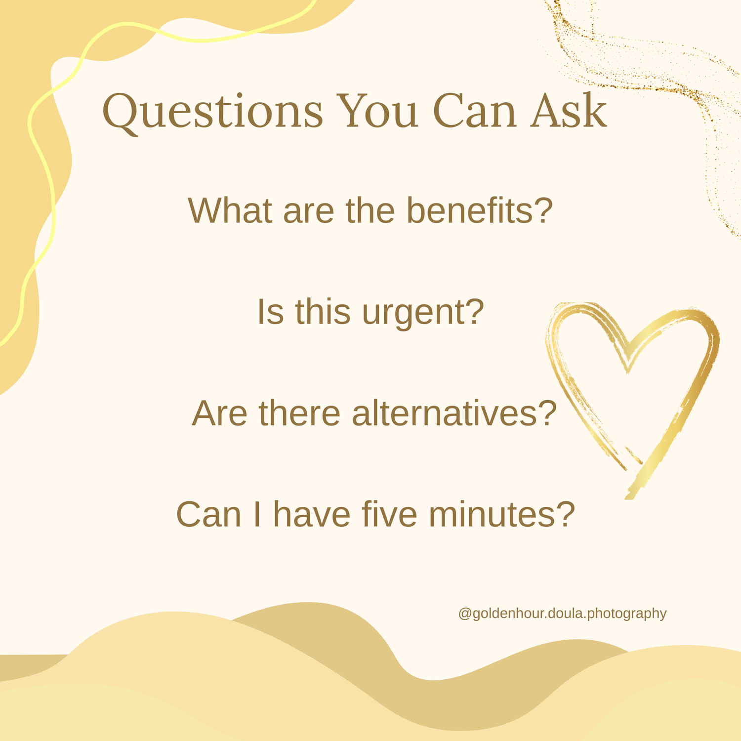 Informational graphic listing birth questions: benefits, urgency, alternatives, and five minutes pause.