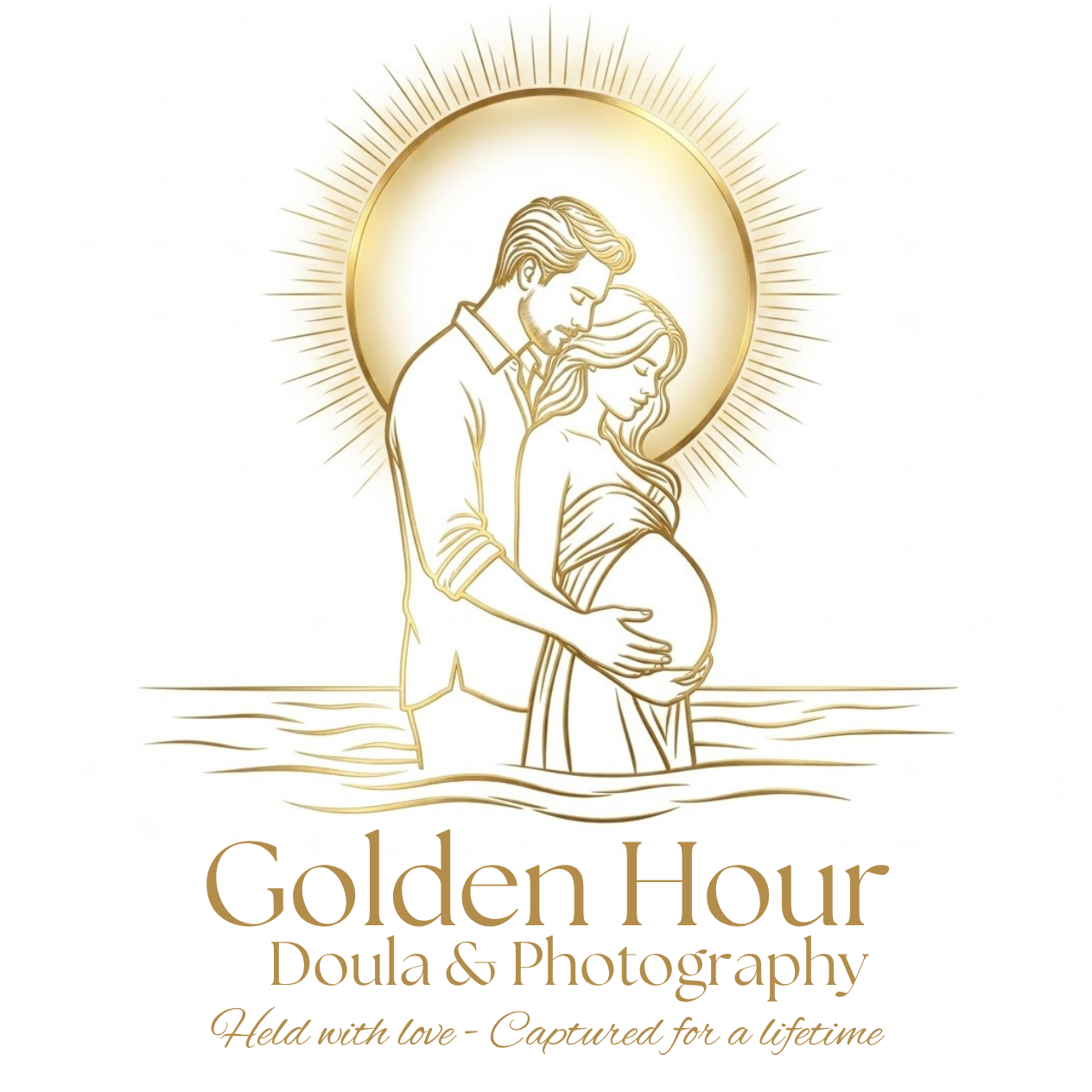 Golden Hour Doula and Photography logo featuring a pregnant couple embraced in golden line art with a radiant halo.