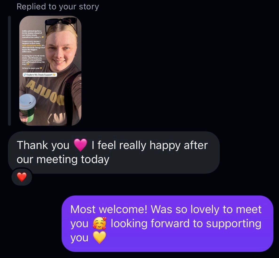 A heartfelt Instagram DM exchange showing gratitude after a meeting, with a selfie thumbnail and supportive messages.