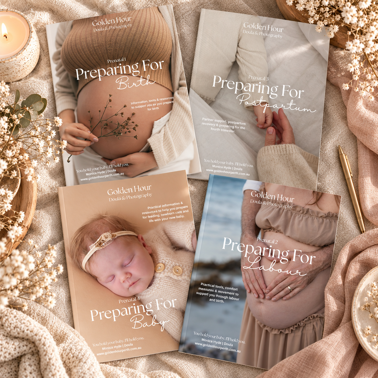Four Golden Hour photography guide booklets for birth, newborn, postpartum, and boudoir sessions arranged on a soft neutral background.