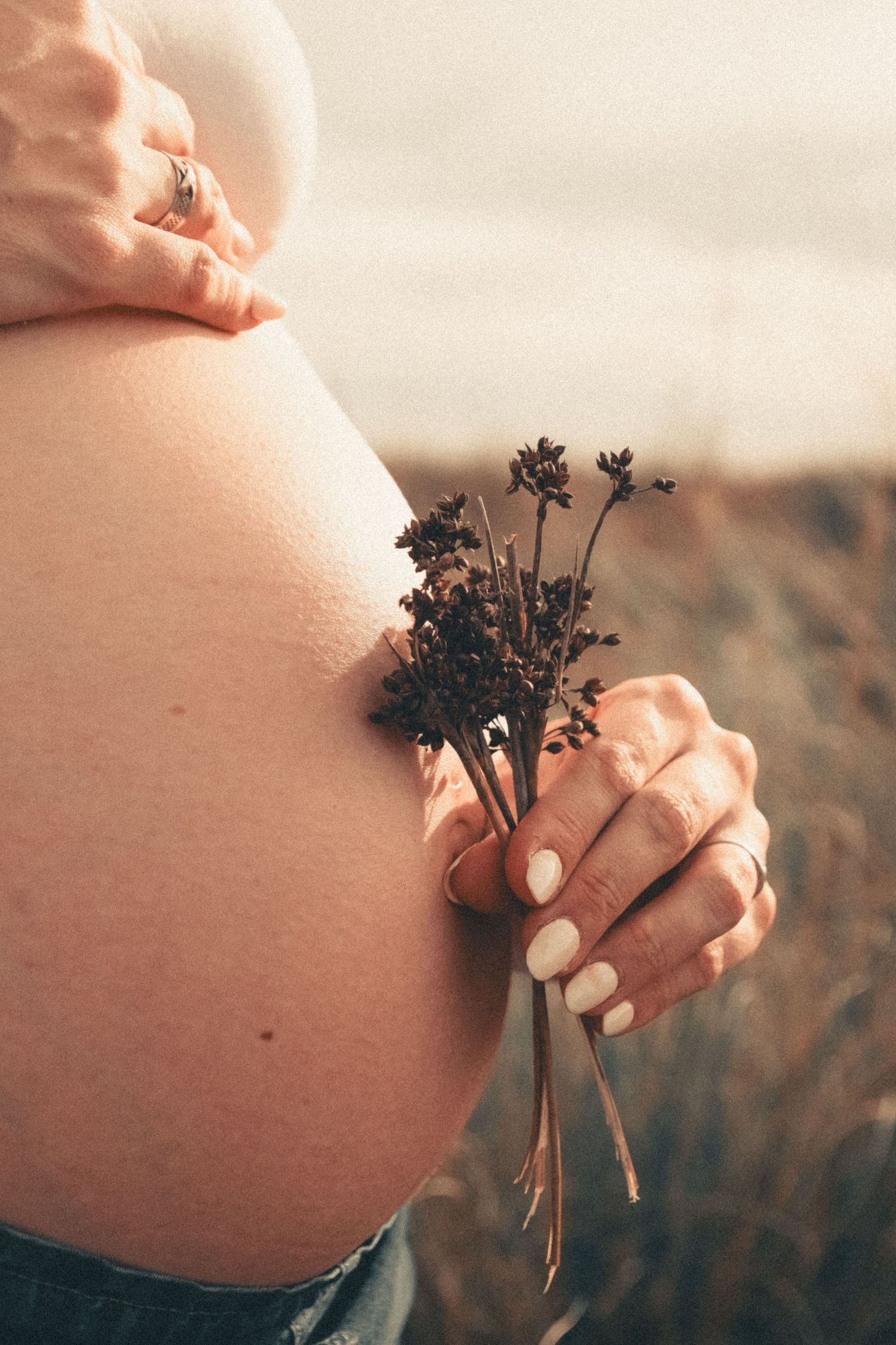 Close-up of pregnant woman holding dried wildflowers against her bare baby bump outdoors in natural light.