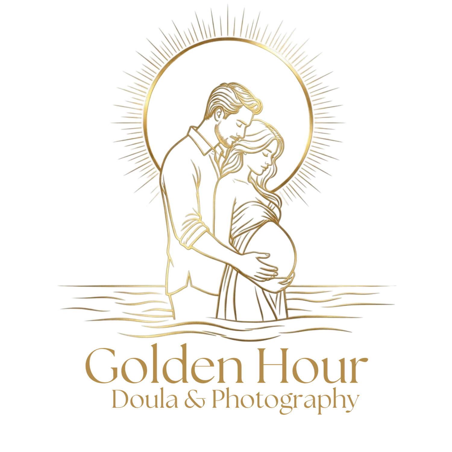 Golden Hour Doula & Photography Perth logo featuring a golden line art of a couple embracing a pregnant woman beneath a radiant halo.