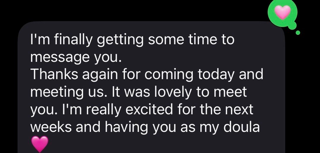 A text message expressing excitement about meeting someone and welcoming them as a doula for upcoming weeks.