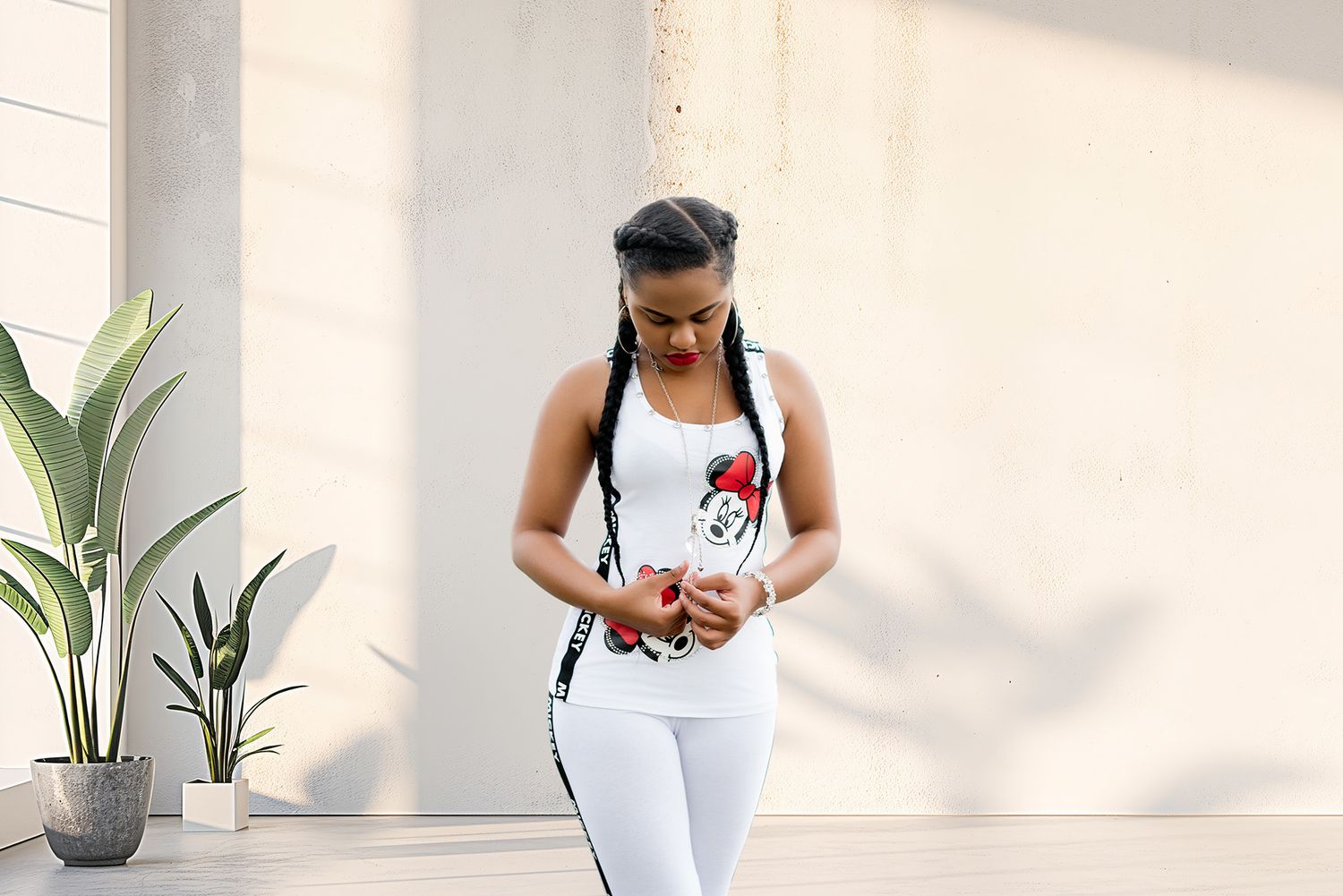Woman in white athletic outfit with braids contemplating.