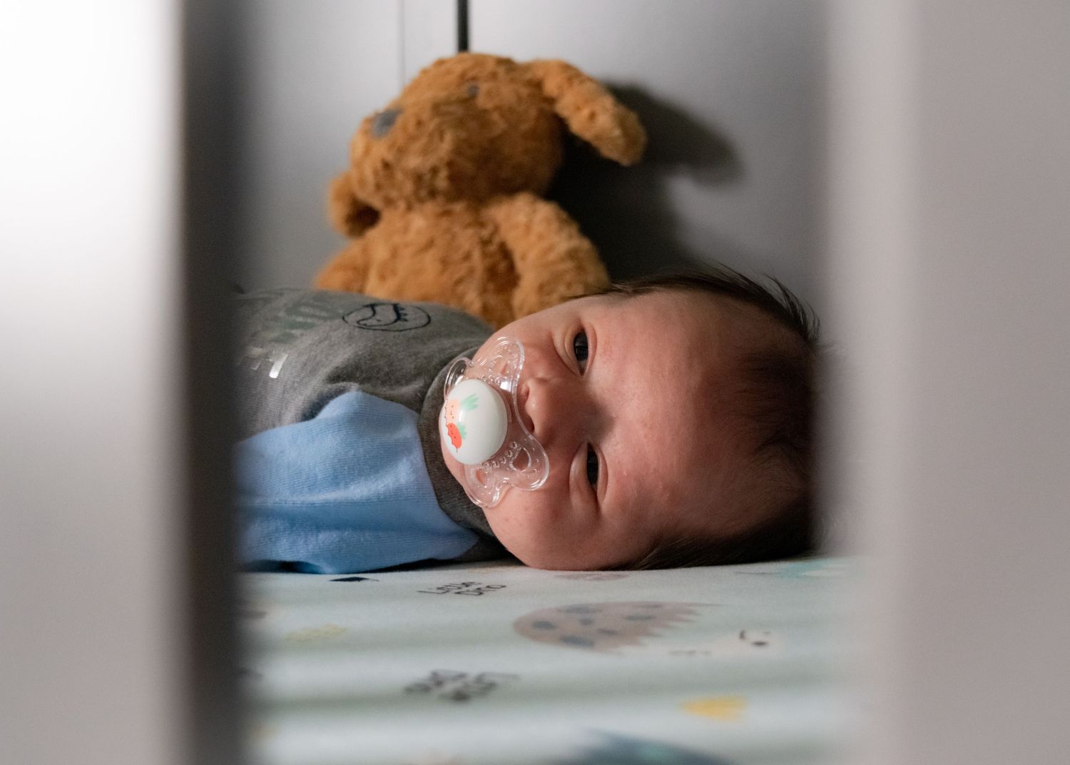 Newborn baby with pacifier sleeping in crib next to brown teddy bear stuffed animal.
