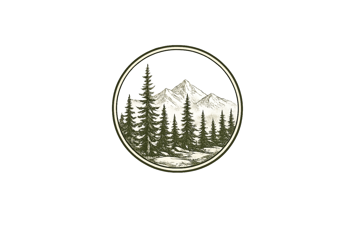 Circular vintage logo with pine trees and mountain peaks in olive green tones.