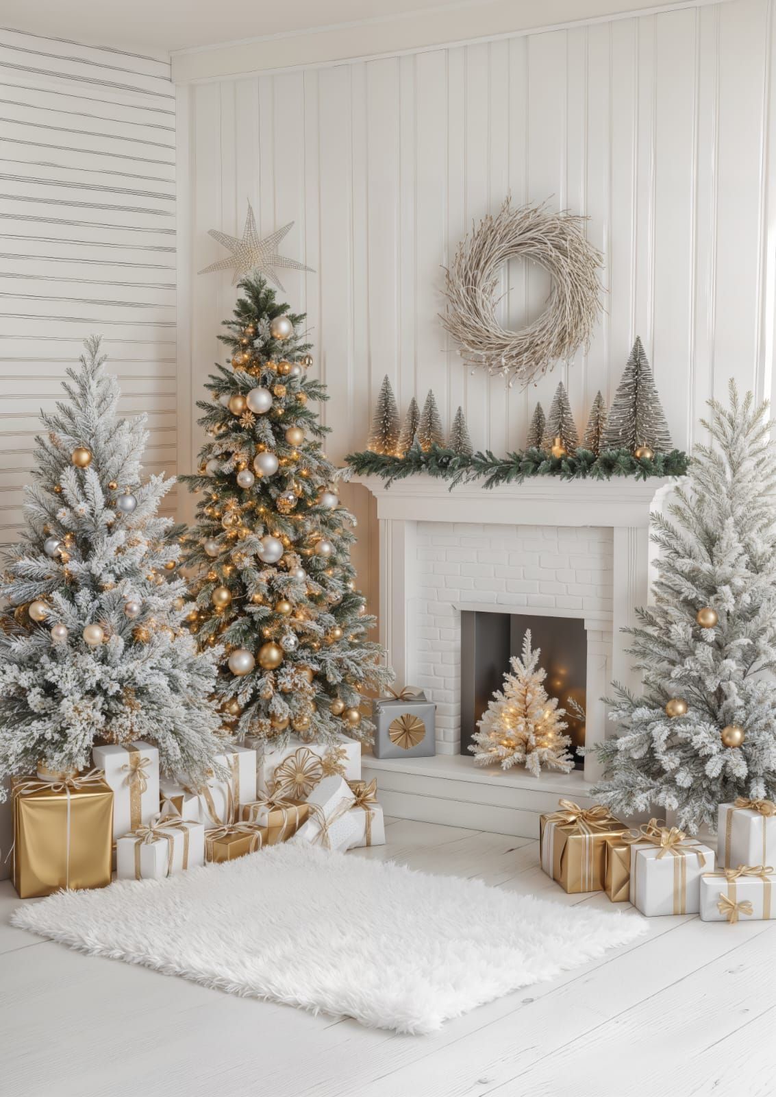 White Christmas decor with flocked trees, gold gifts, and a cozy fireplace adorned with a wreath and mini trees.