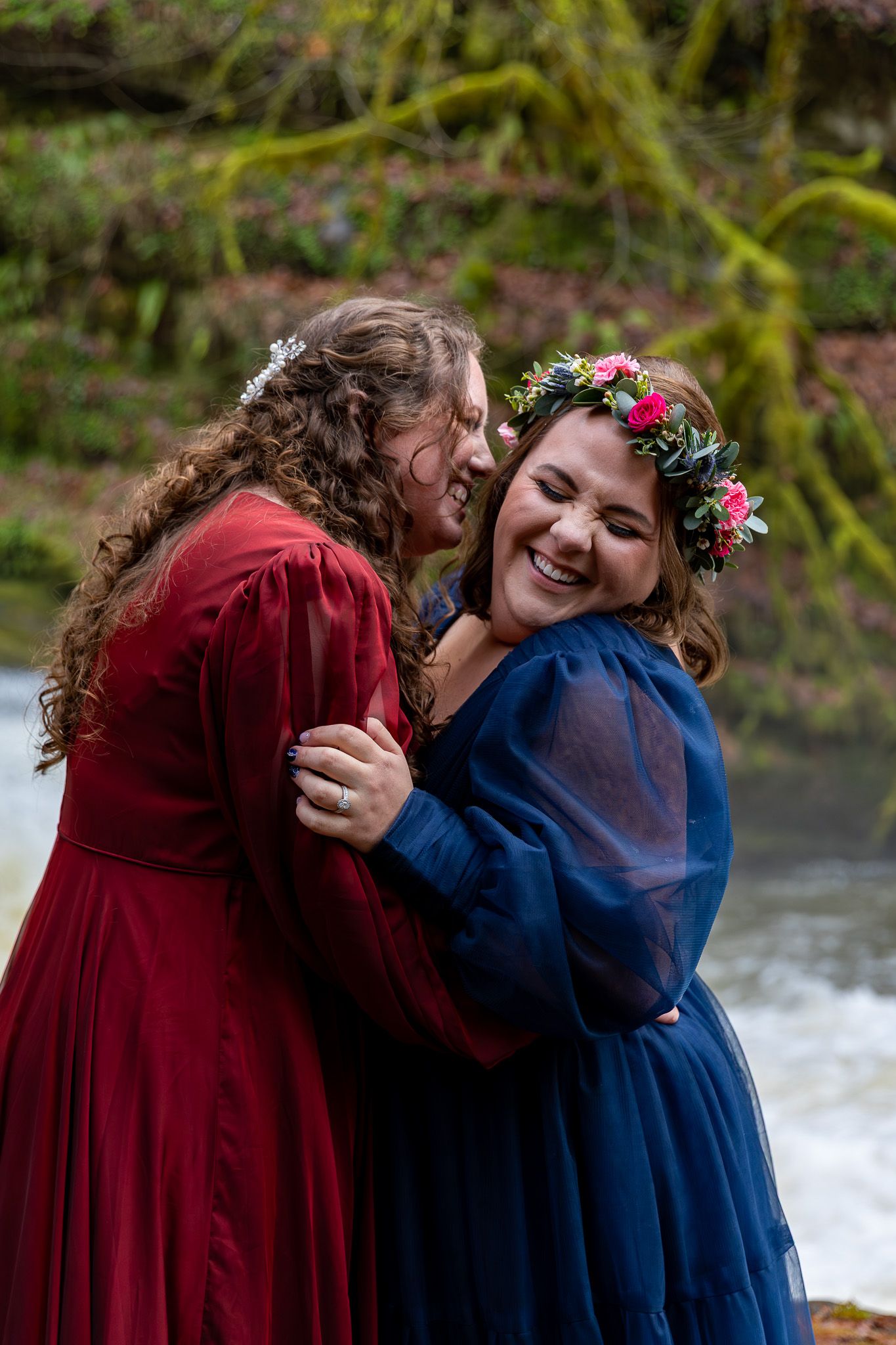 LGBTQ Elopement couple embracing and laughing during their Oregon elopement. LGBTQ Elopement photographer.