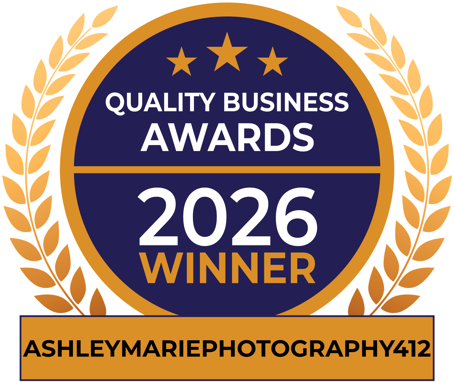 Quality Business Awards 2026 Winner badge for AshleyMariePhotography412 with gold laurel wreath on navy blue background.
