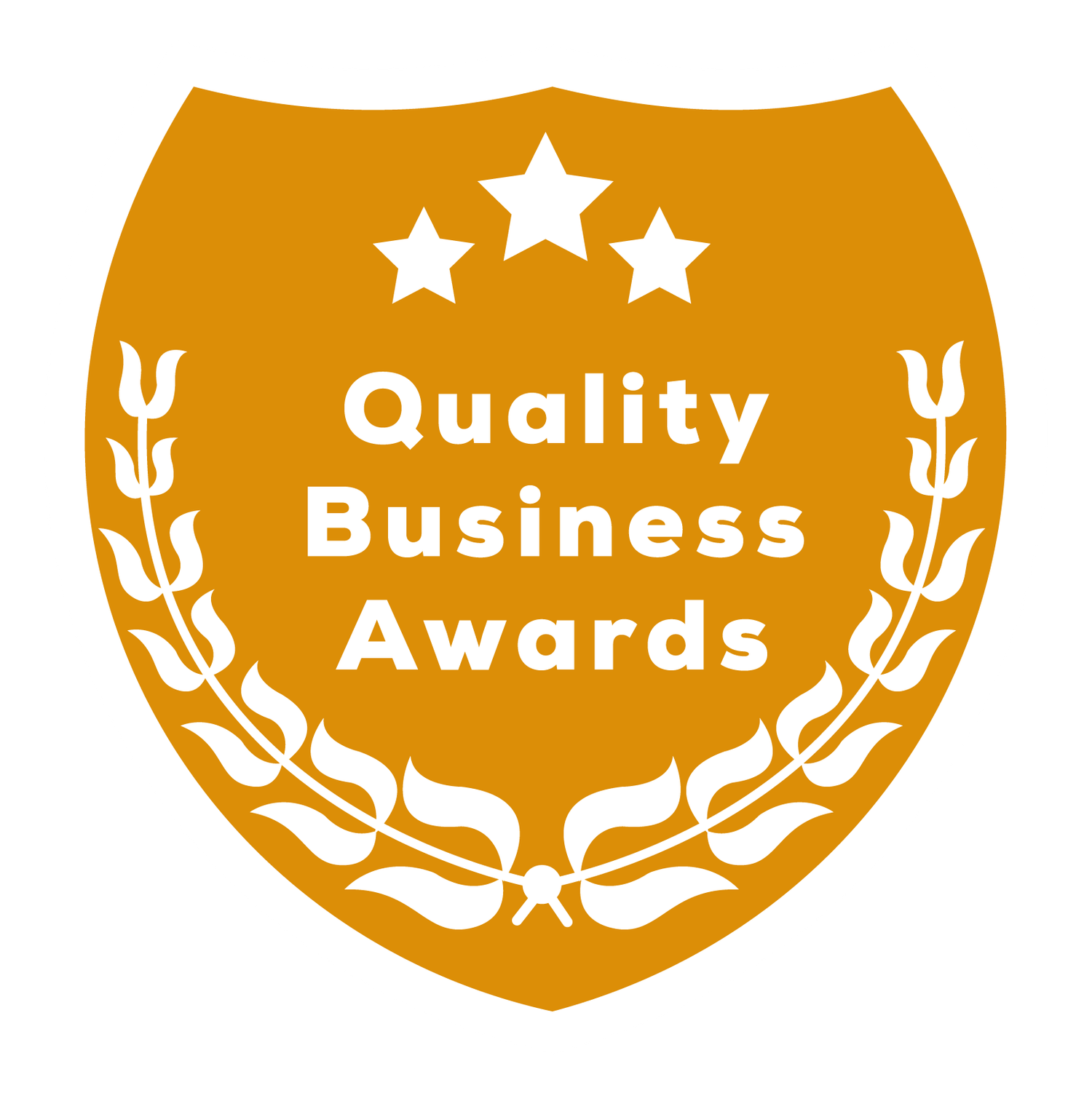 Gold shield badge with three stars and laurel wreath displaying Quality Business Awards emblem.