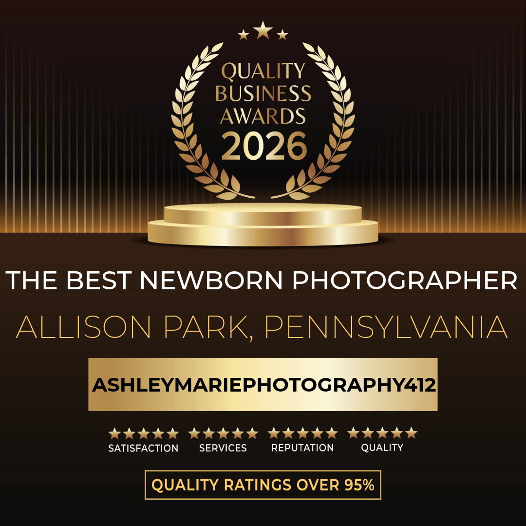 Quality Business Awards 2026 Winner badge for AshleyMariePhotography412 with gold laurel wreath on navy blue background.