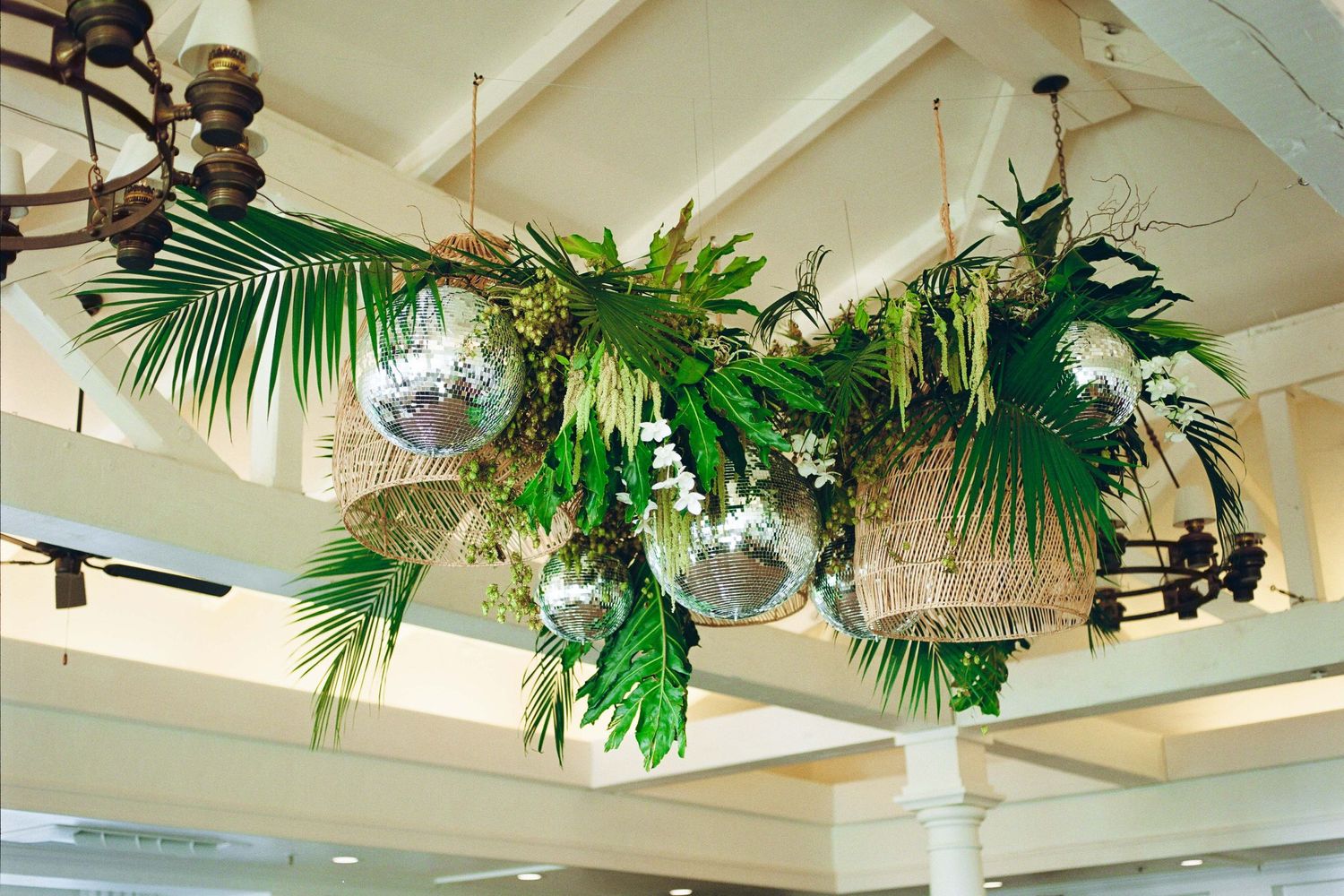 Film photo of a tropical disco ceiling instal at La Playa Hotel in Carmel, California during a wedding.