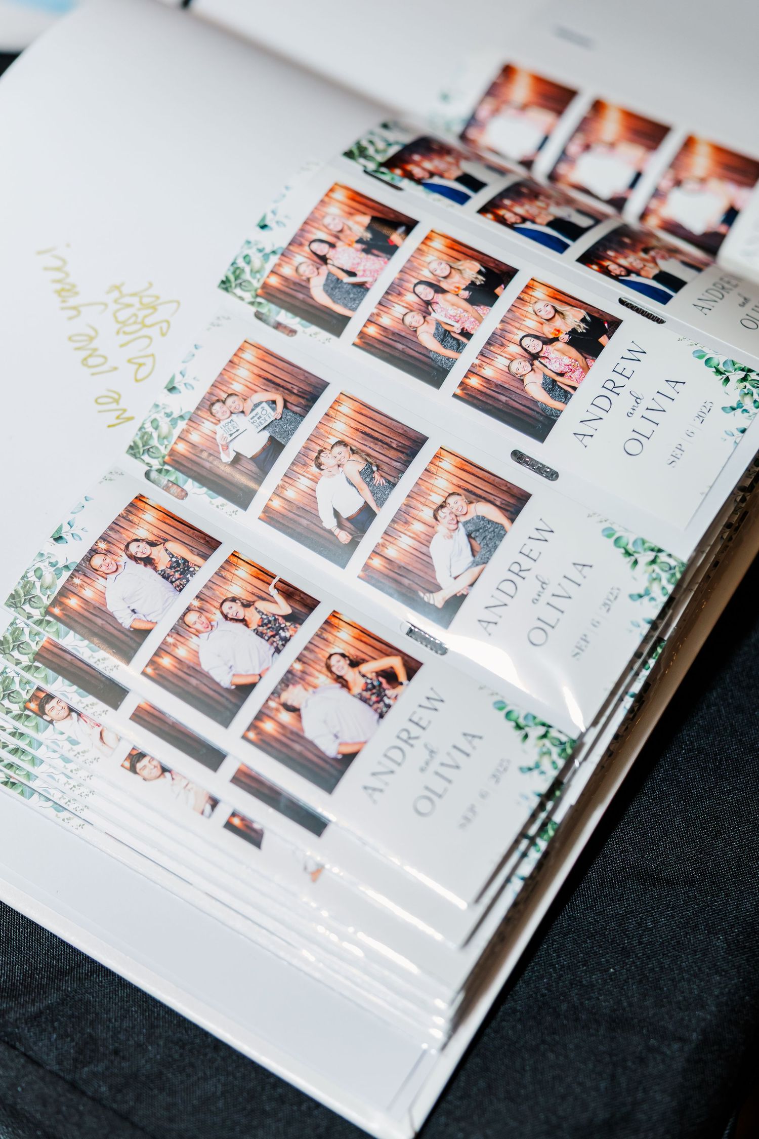 Wedding photo album pages displayed with floral decorative elements and multiple photo layouts.