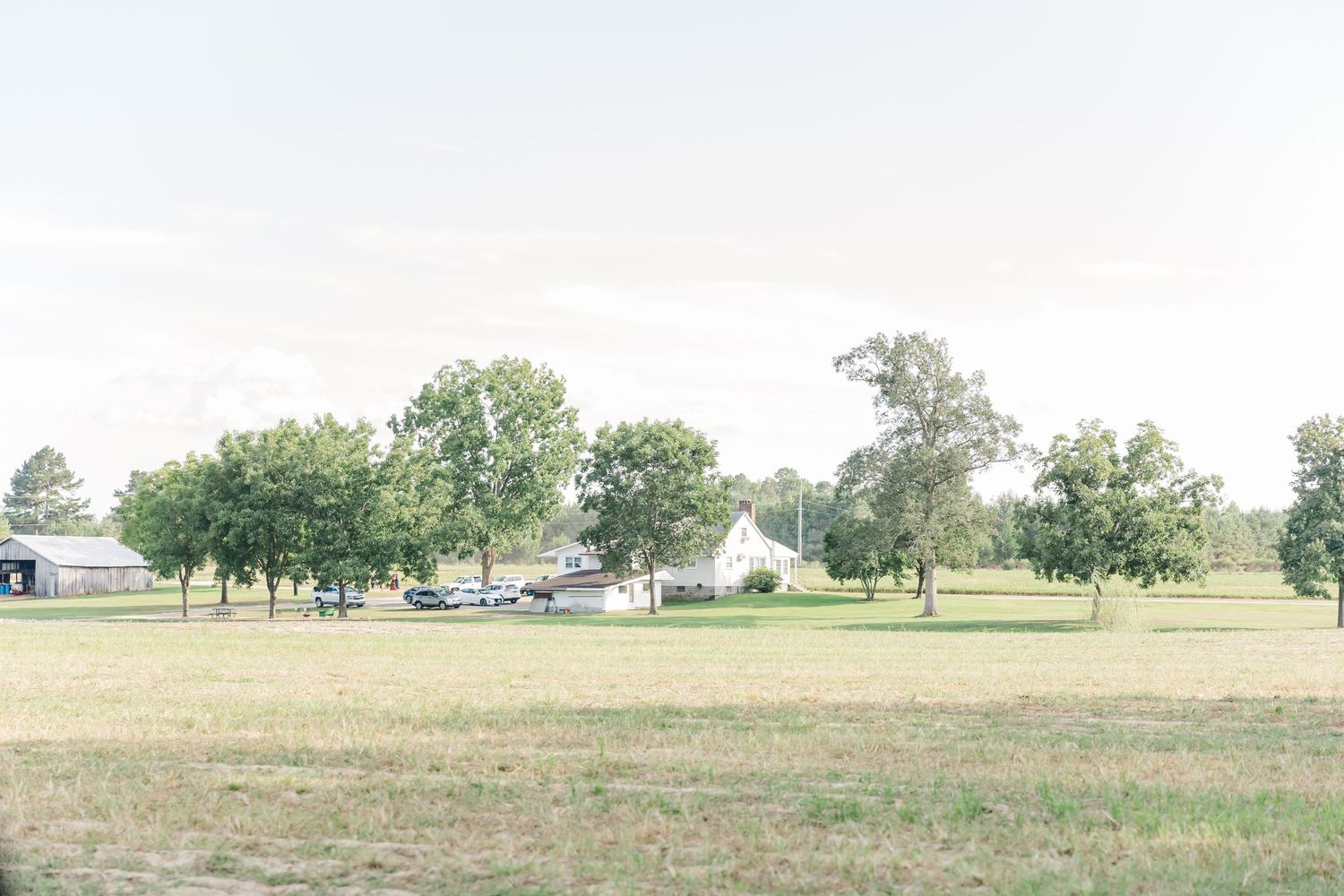 Scenic rural wedding venue with green trees, open field, and white building on a sunny day.