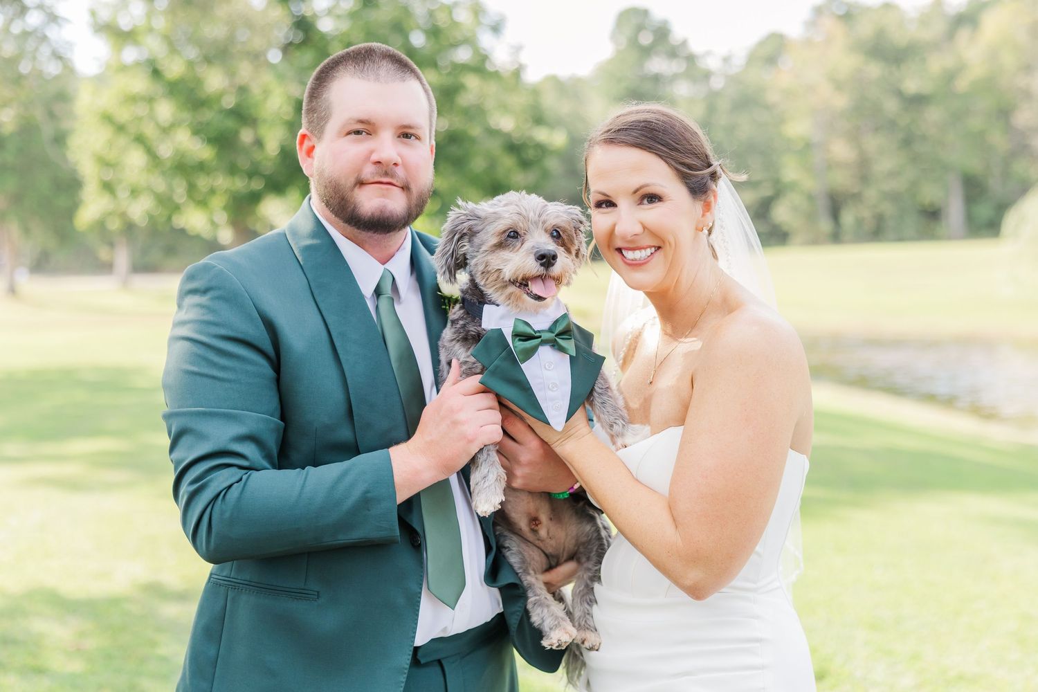 A couple in wedding attire holds their small gray dog wearing a bow tie on a sunny day in a grassy field.