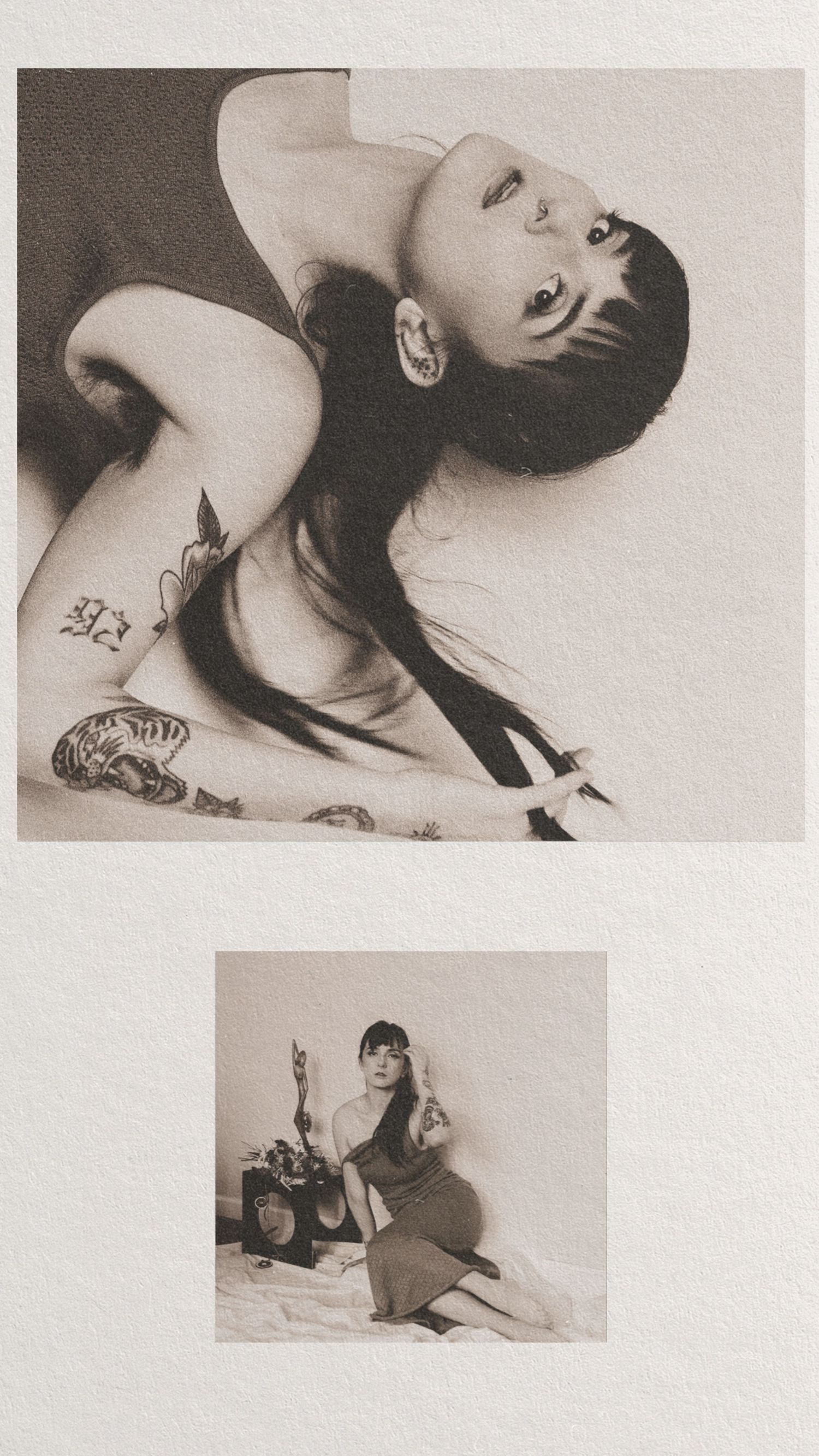 Artistic black and white photography portraits showing tattoo art and vintage styling.