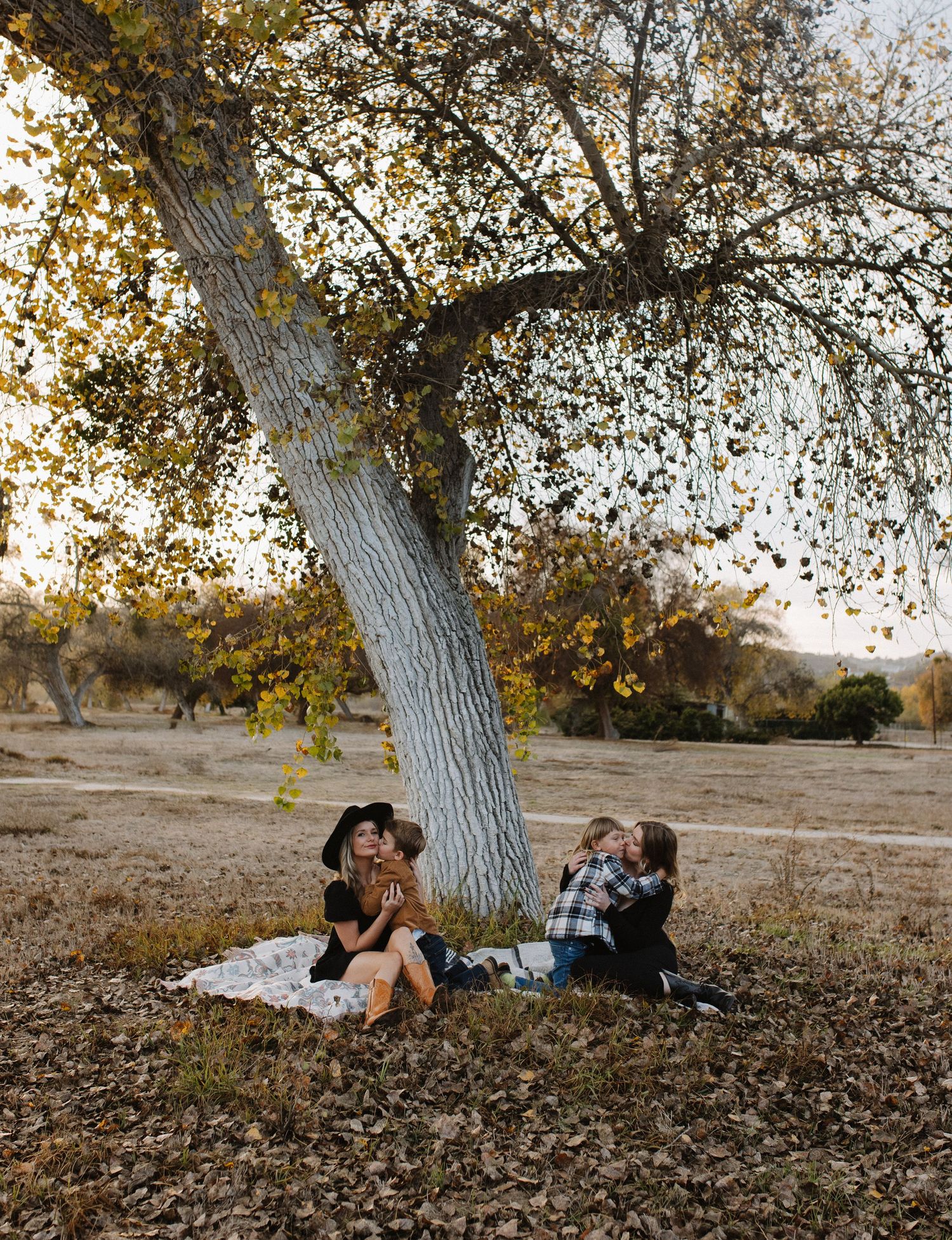 A cozy autumn picnic scene beneath a large tree with golden sunlight filtering through the branches in a rustic field.