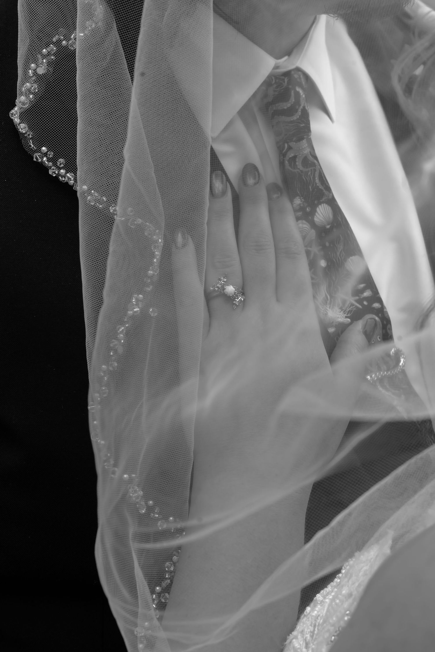 Close-up detail of delicate white wedding veil with sparkling beaded trim and embellishments against dark background. Goshen, Ohio