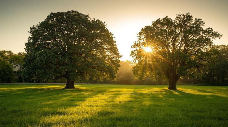 Sunlight streams through two large oak trees at sunset over a lush green park lawn.