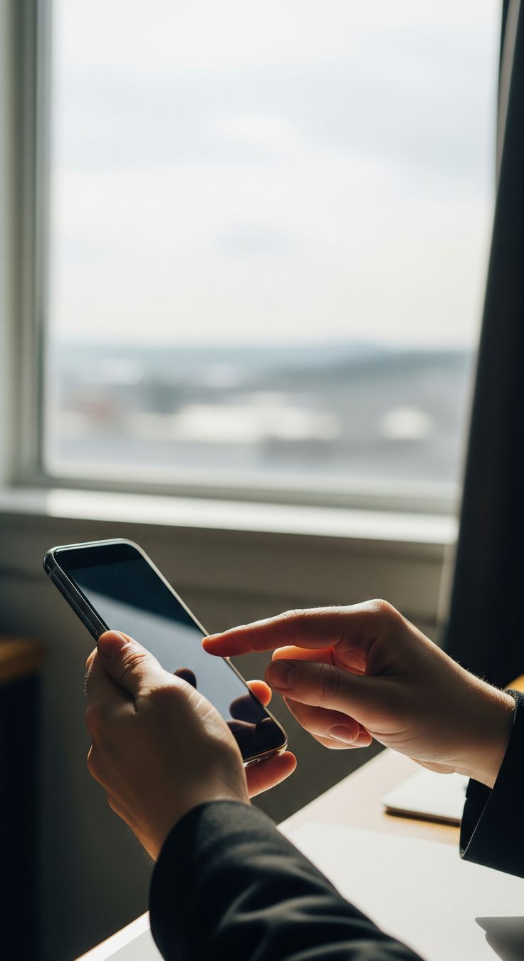 Hands holding smartphone against bright window background in office setting.