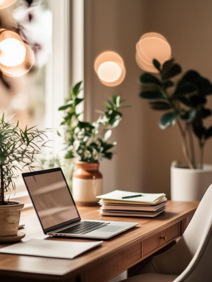 Minimalist workspace with laptop, potted plants and warm lighting on wooden desk.